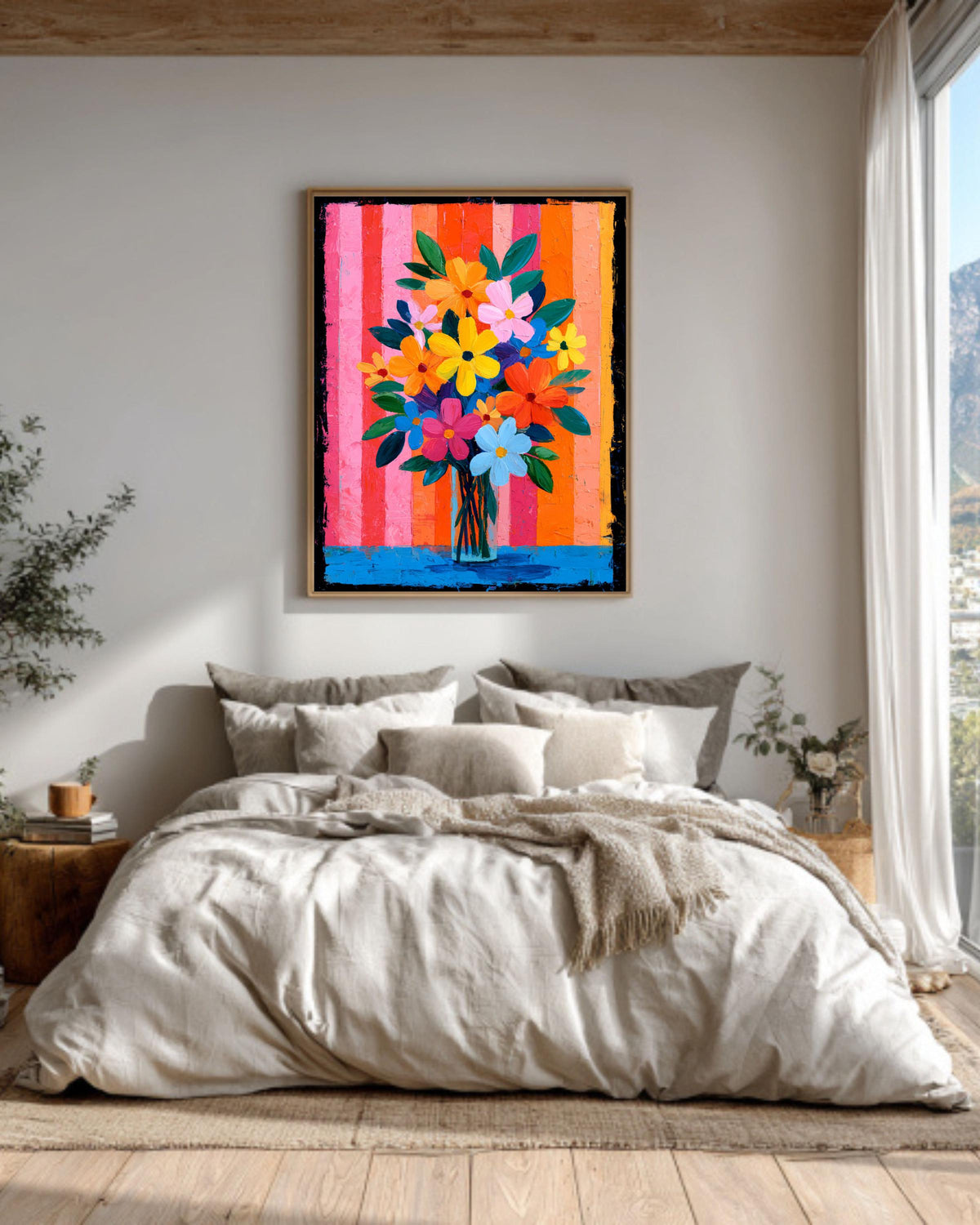 Cheerful Pink Floral Canvas | Bright Bold Bouquet with Stripes | Colorful Retro Maximalist Art