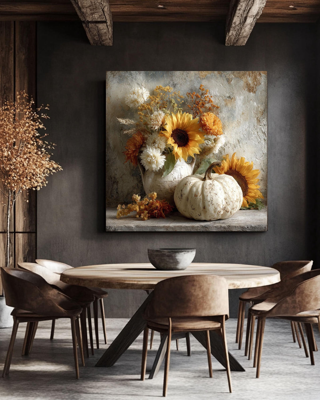 Rustic Autumn Still Life Canvas Print, White Pumpkin, Sunflower, Fall Decor