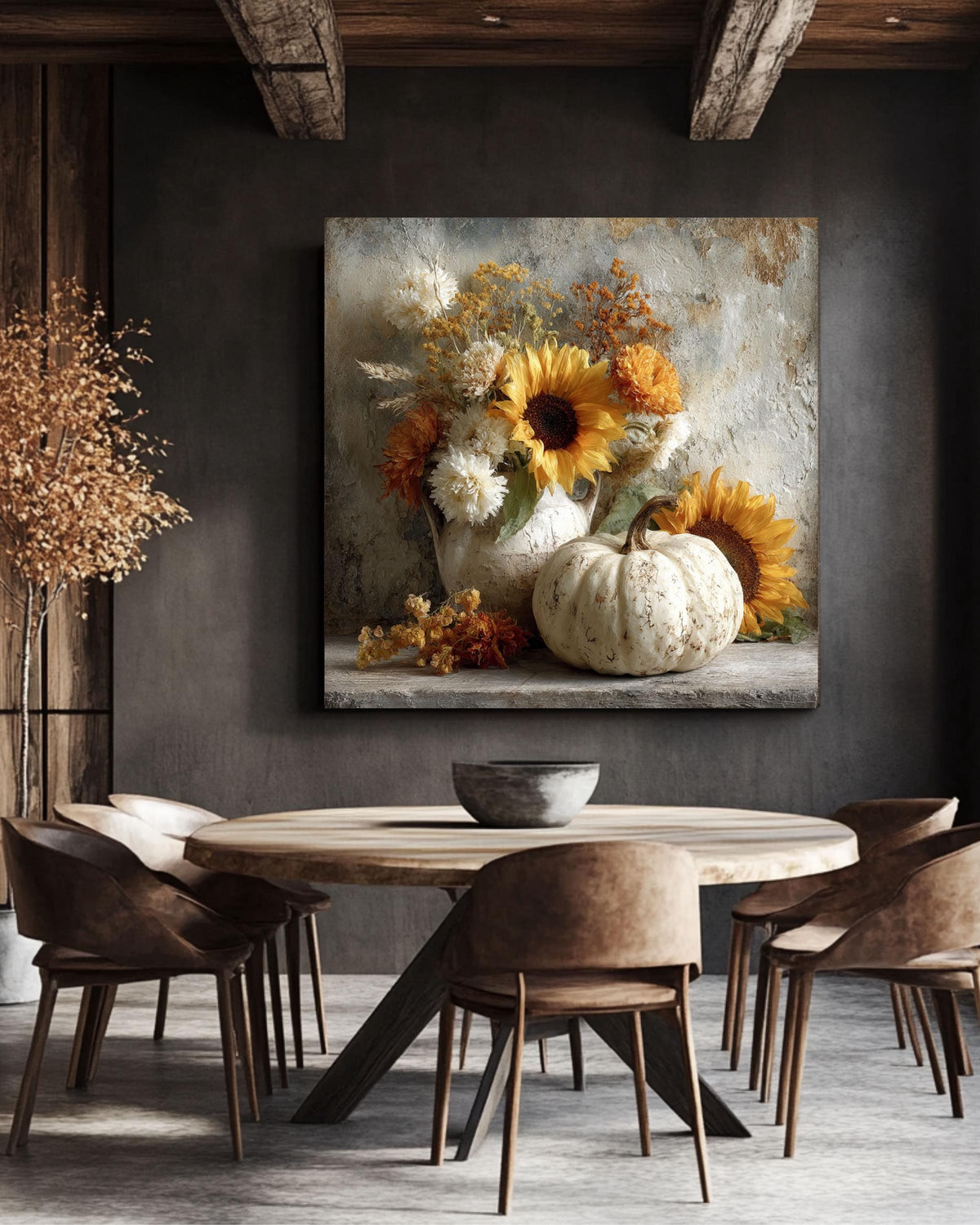 Rustic Autumn Still Life Canvas Print, White Pumpkin, Sunflower, Fall Decor