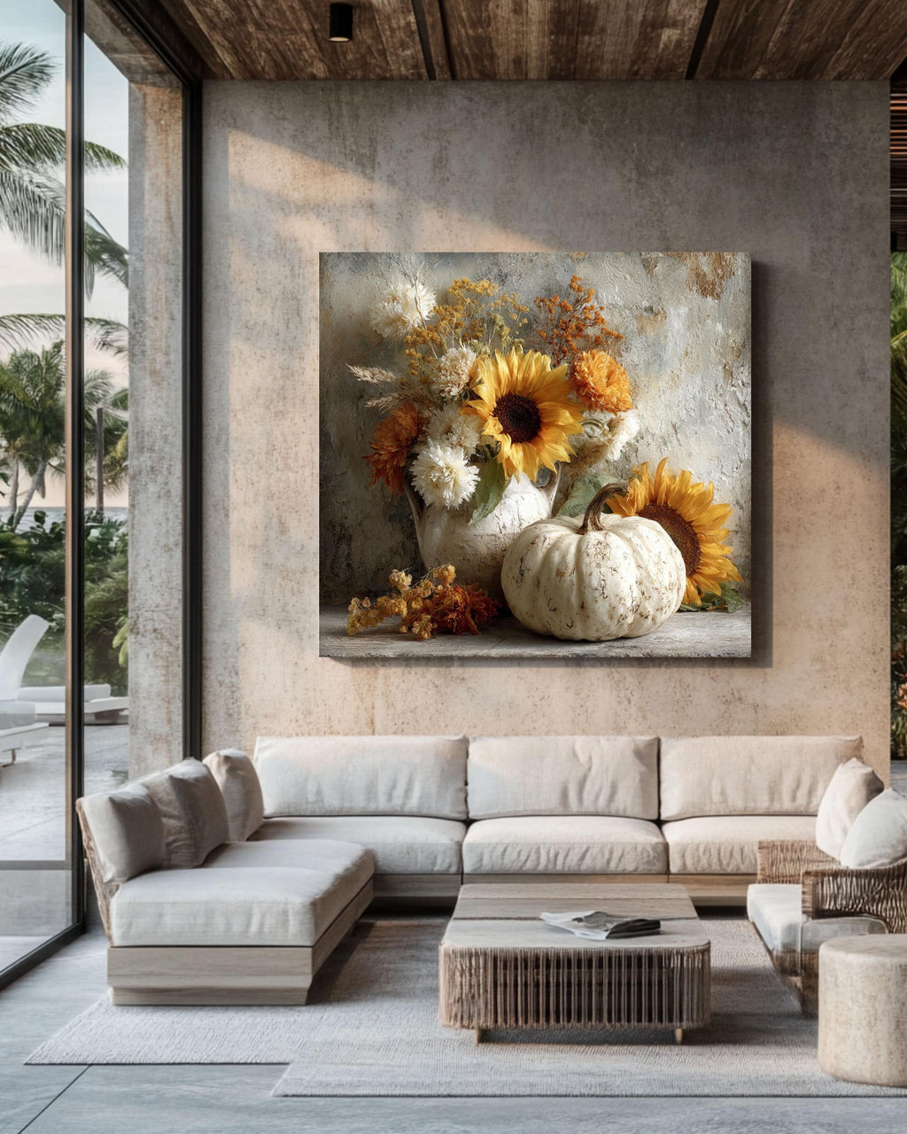 Rustic Autumn Still Life Canvas Print, White Pumpkin, Sunflower, Fall Decor