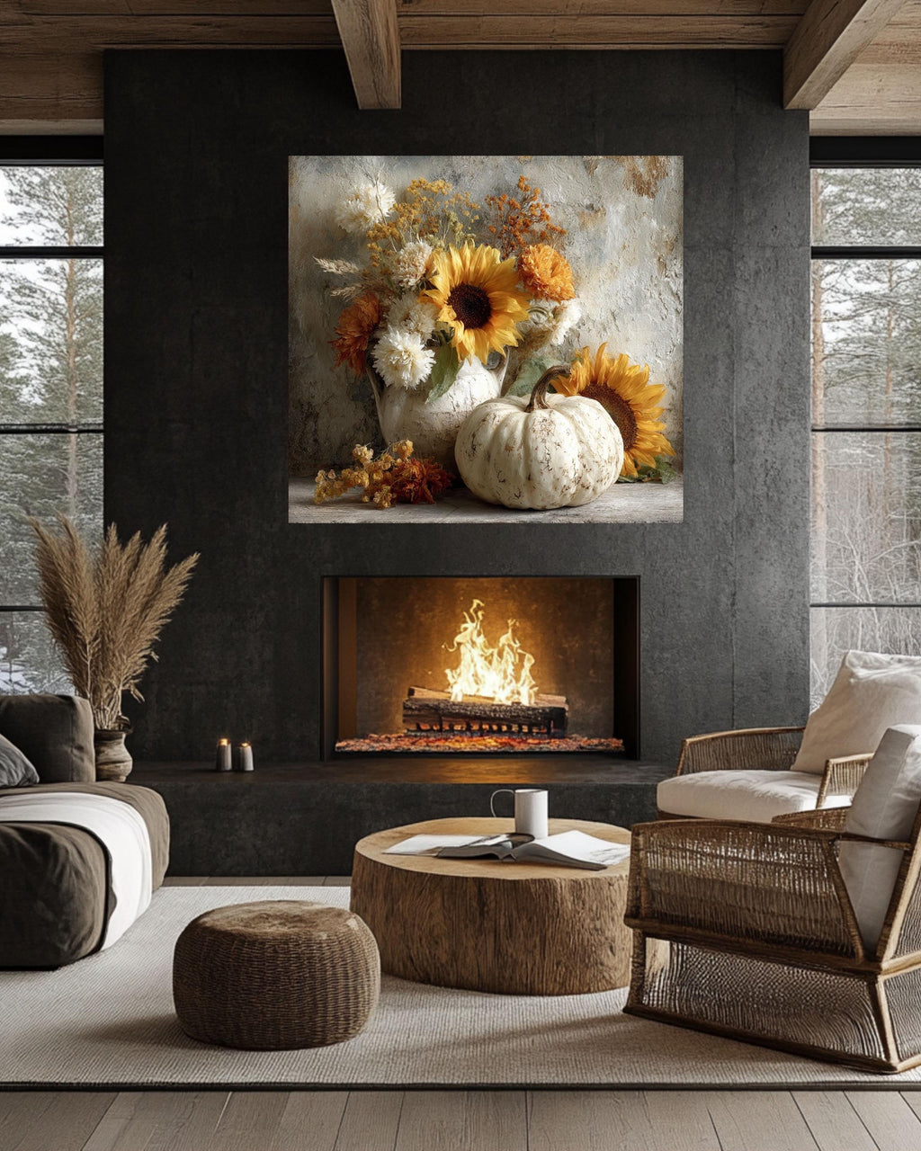Rustic Autumn Still Life Canvas Print, White Pumpkin, Sunflower, Fall Decor