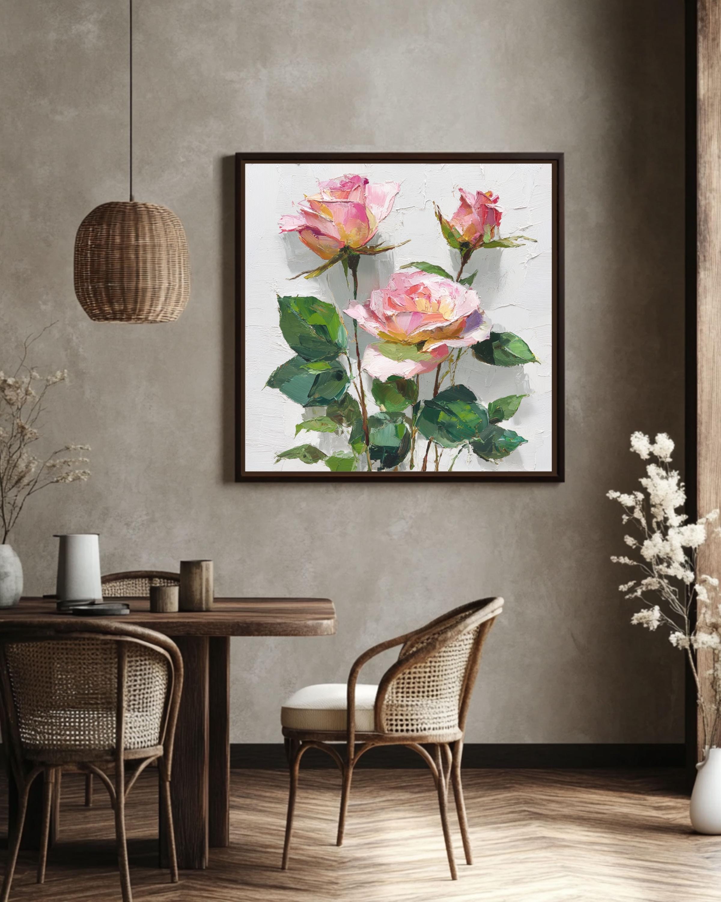 Textured Pink Rose Impasto Oil Painting
