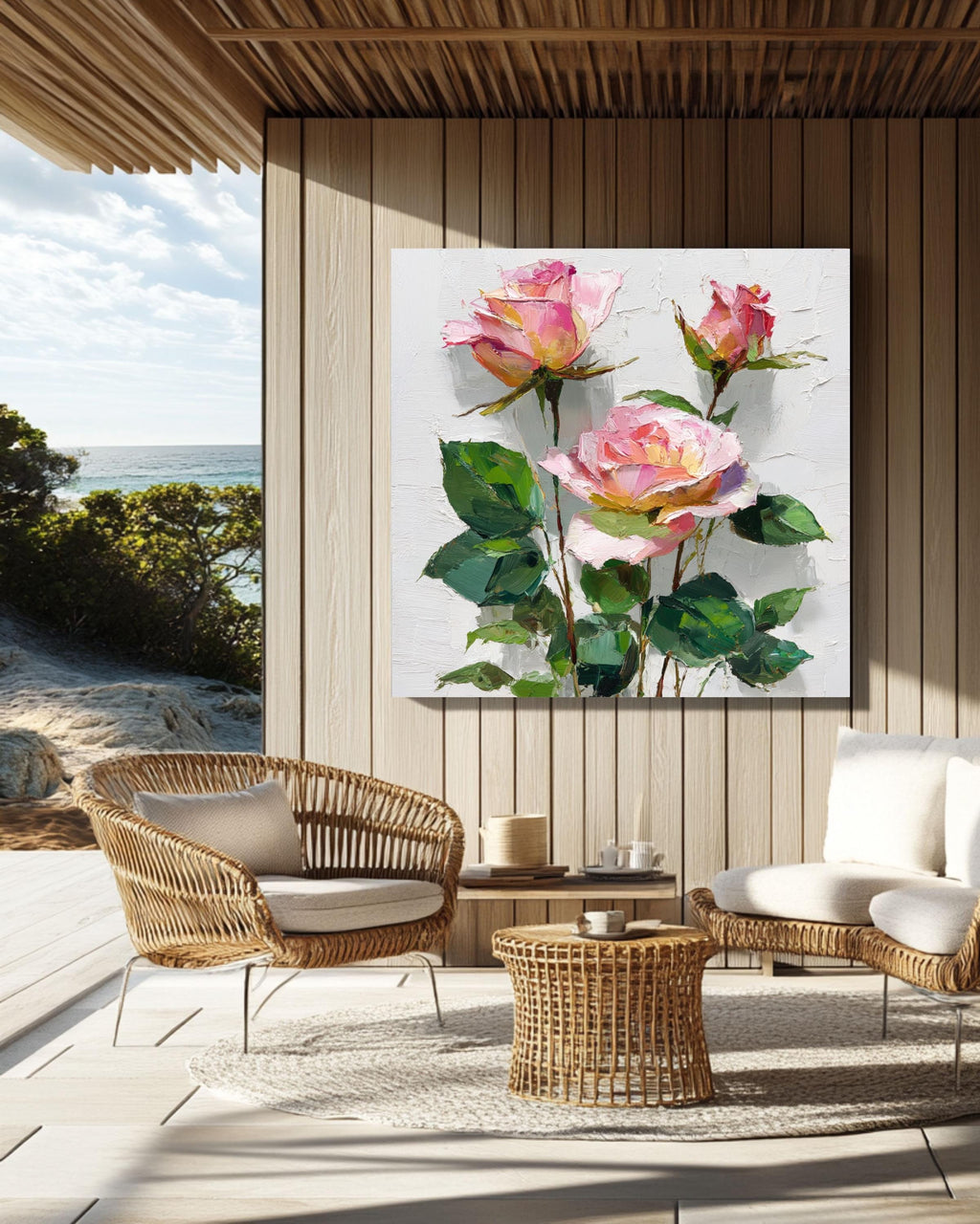 Textured Pink Rose Impasto Oil Painting