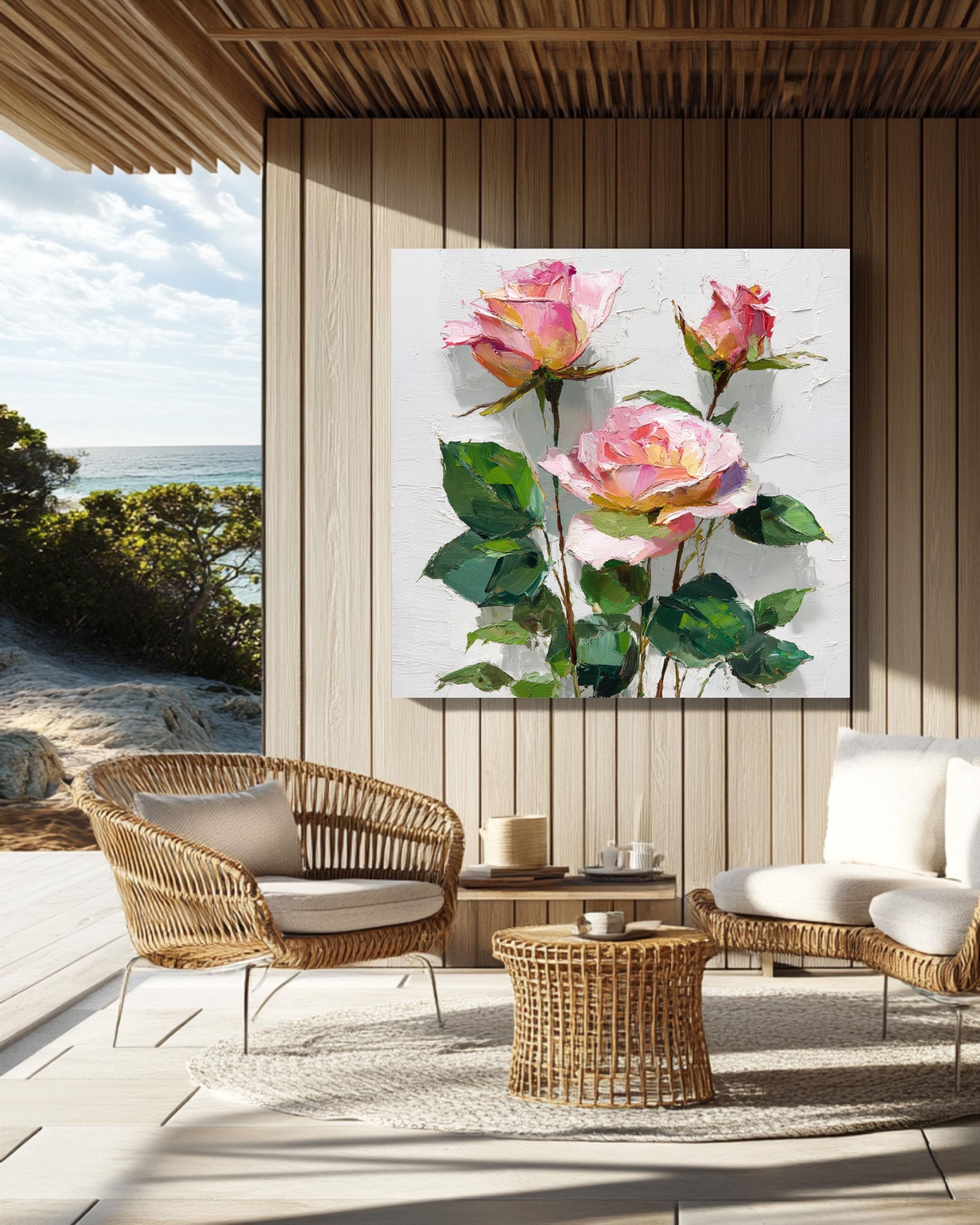 Textured Pink Rose Impasto Oil Painting