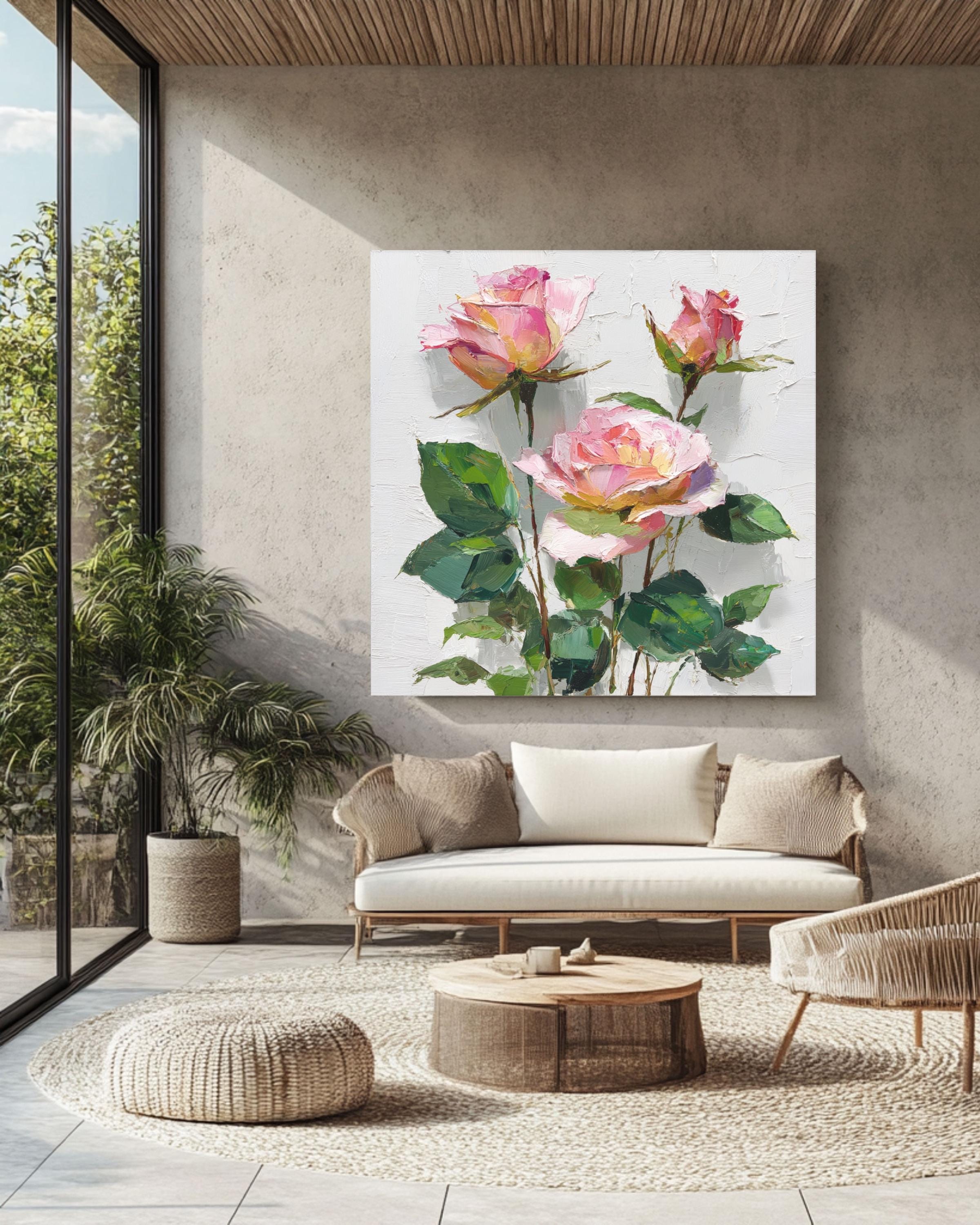 Textured Pink Rose Impasto Oil Painting
