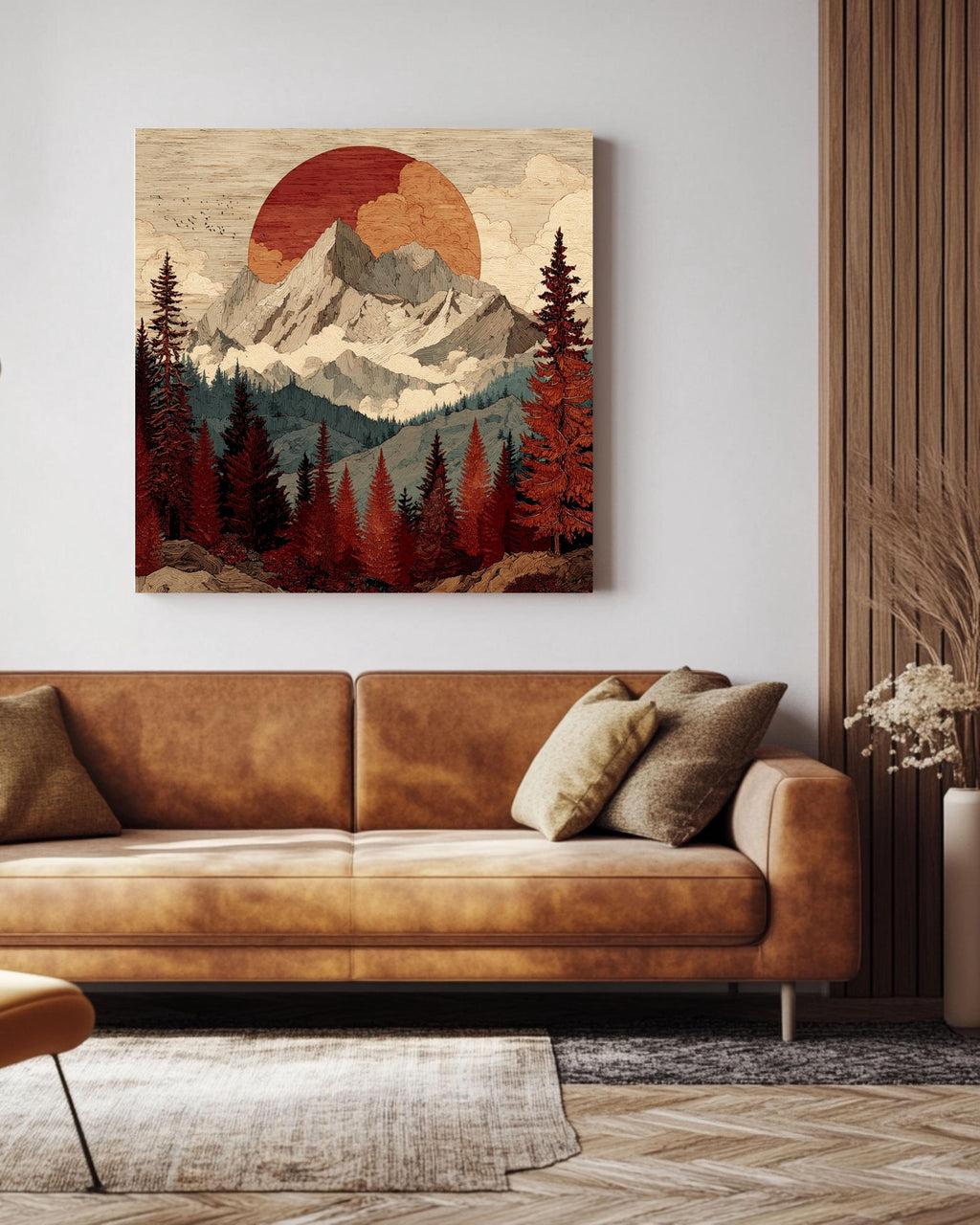 Woodcut Mountain Sunset Print, Rustic Mid-Century Modern Wall Art