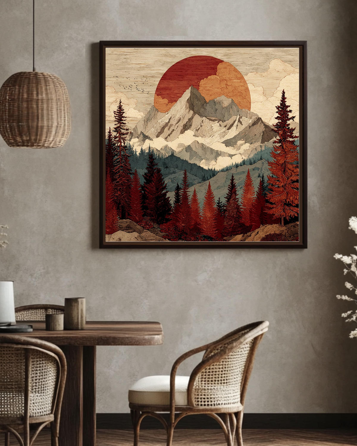 Woodcut Mountain Sunset Print, Rustic Mid-Century Modern Wall Art