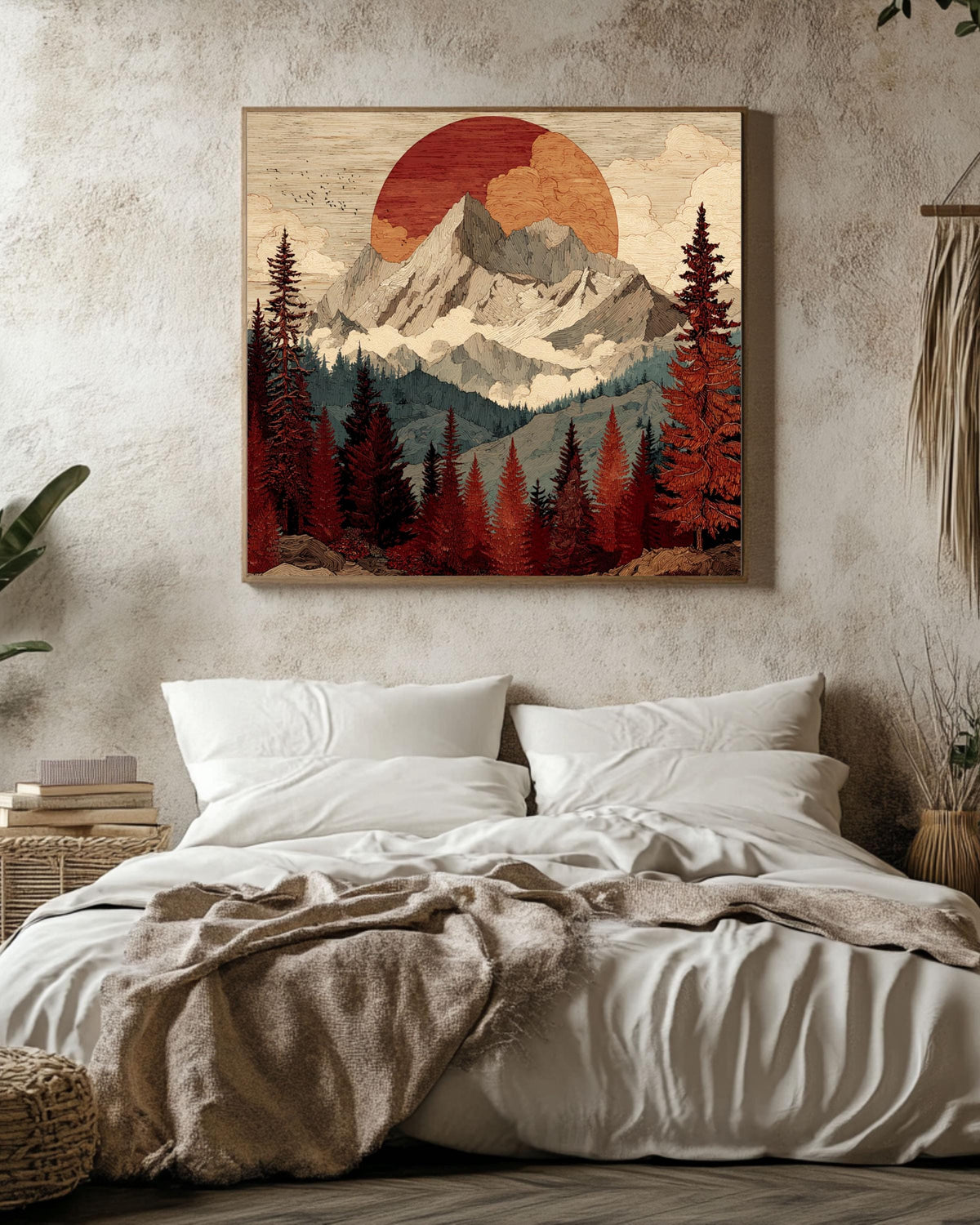 Woodcut Mountain Sunset Print, Rustic Mid-Century Modern Wall Art