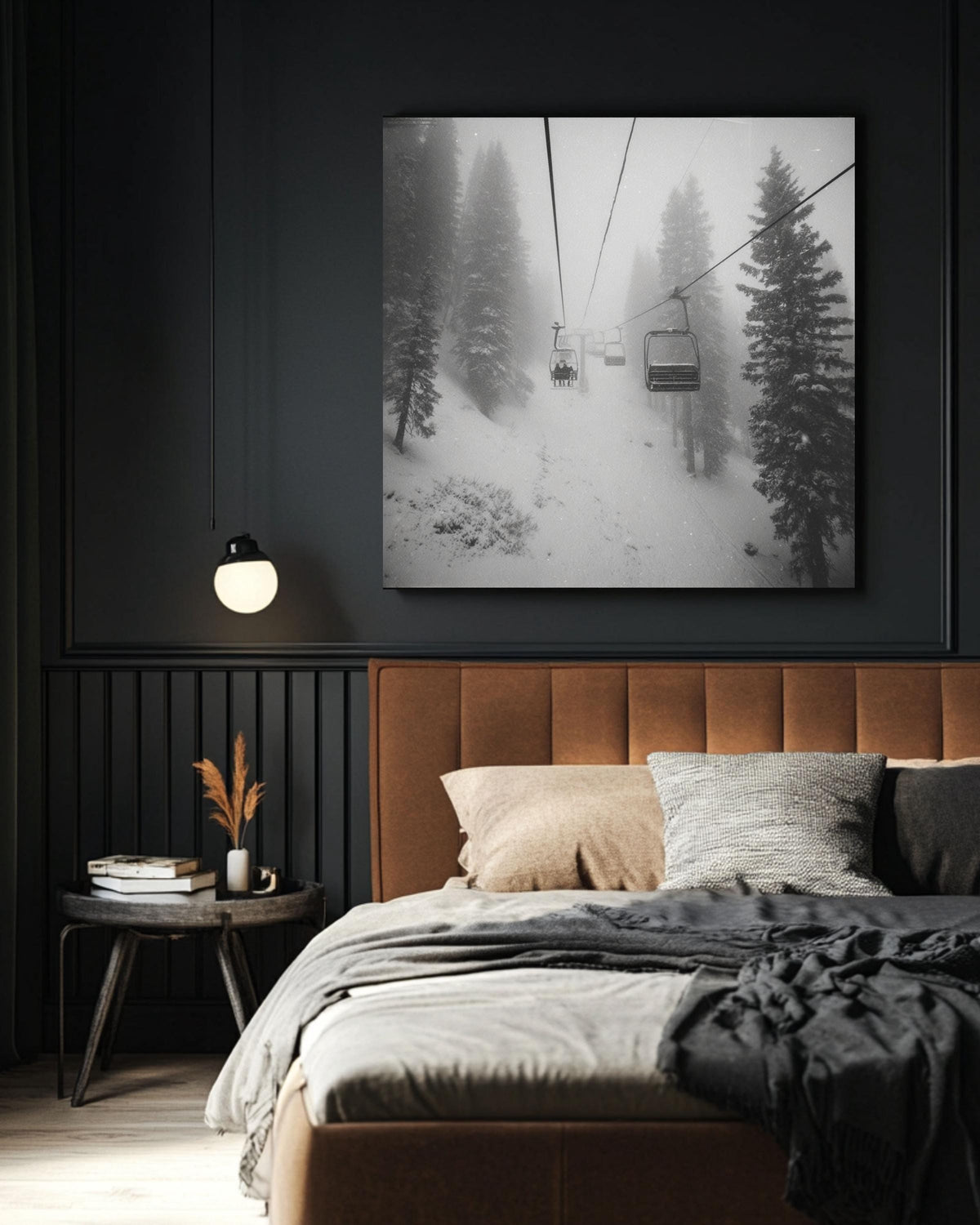 Black and White Ski Chairlift Canvas Print, Snowy Mountain Dark Academia Decor