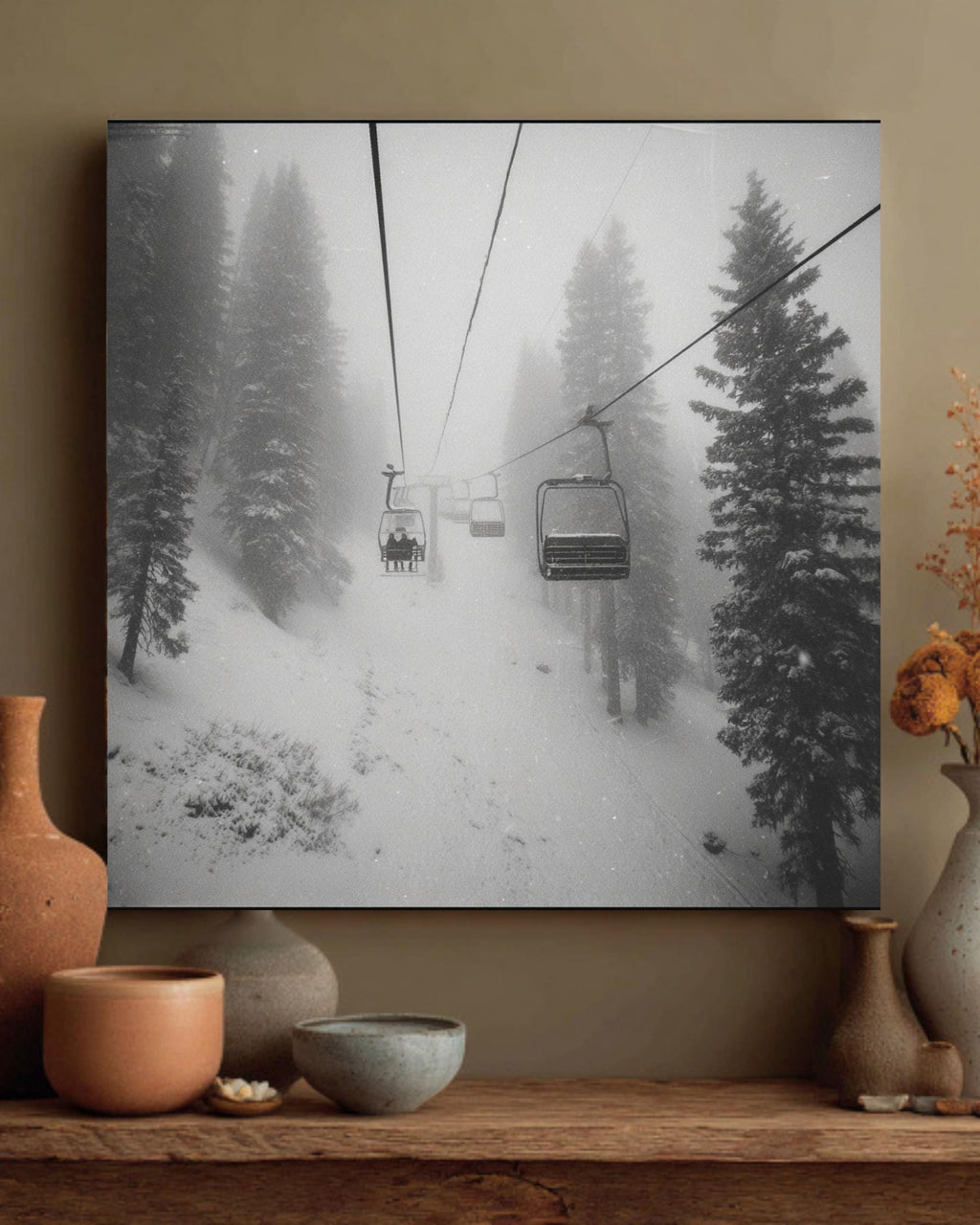 Black and White Ski Chairlift Canvas Print, Snowy Mountain Dark Academia Decor