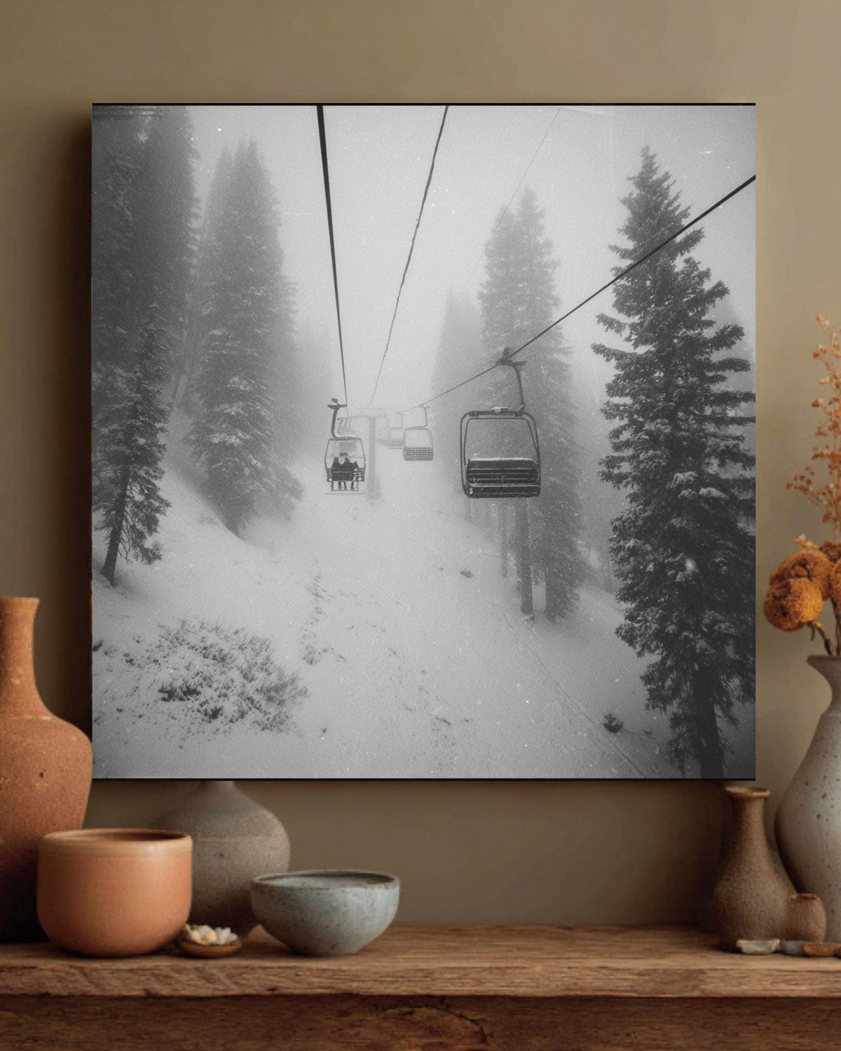 Black and White Ski Chairlift Canvas Print, Snowy Mountain Dark Academia Decor