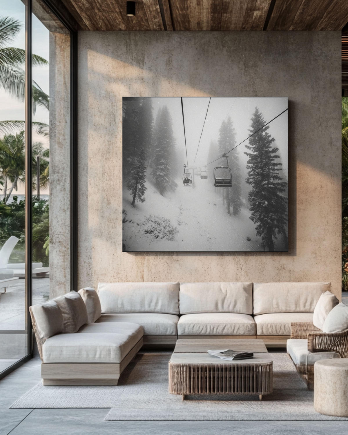 Black and White Ski Chairlift Canvas Print, Snowy Mountain Dark Academia Decor
