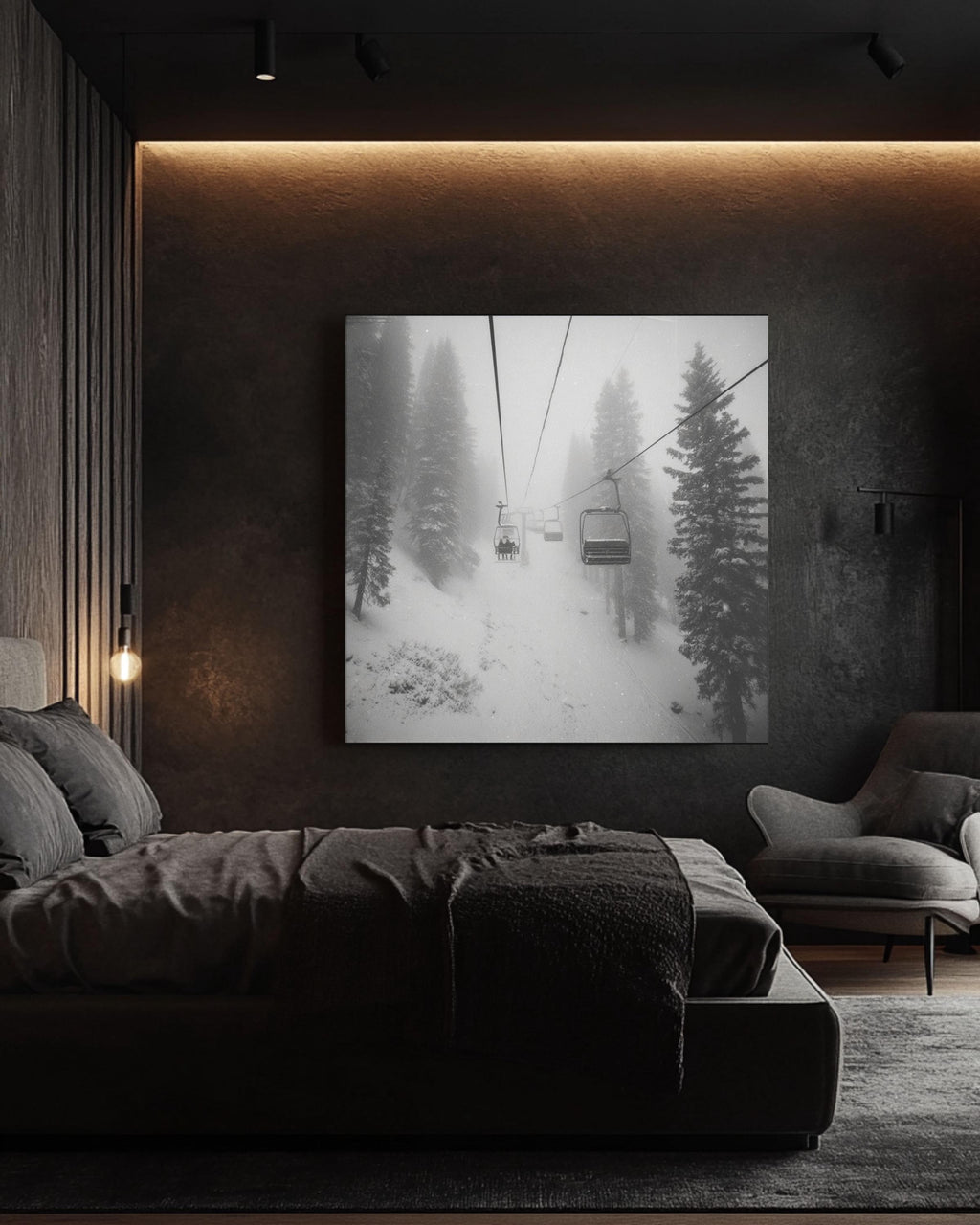 Black and White Ski Chairlift Canvas Print, Snowy Mountain Dark Academia Decor