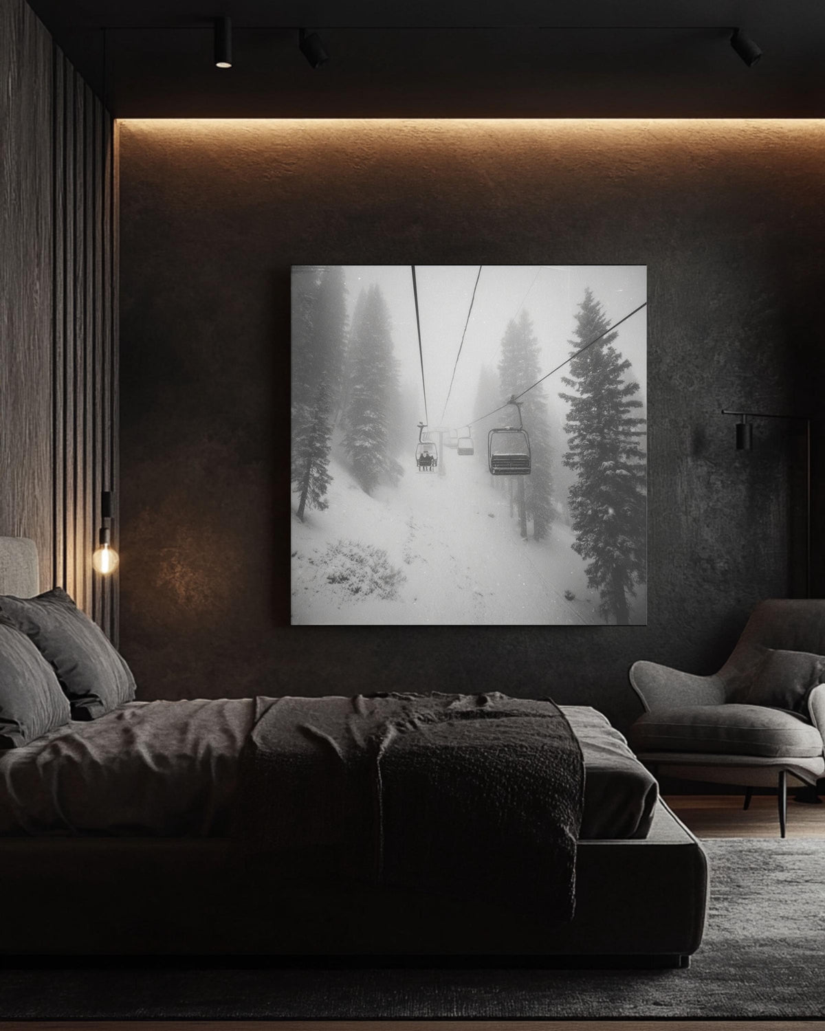 Black and White Ski Chairlift Canvas Print, Snowy Mountain Dark Academia Decor