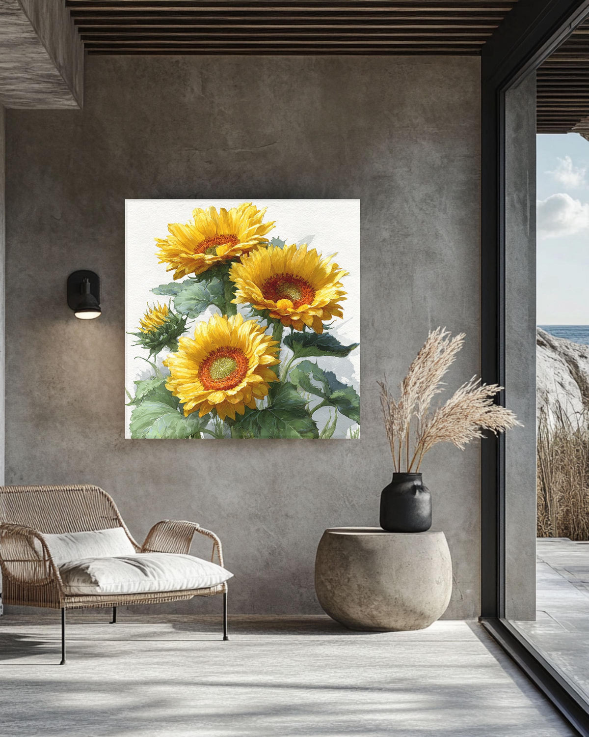 Watercolor Sunflower Canvas Print, Botanical Farmhouse Wall Art