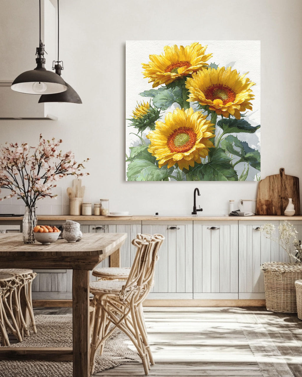 Watercolor Sunflower Canvas Print, Botanical Farmhouse Wall Art