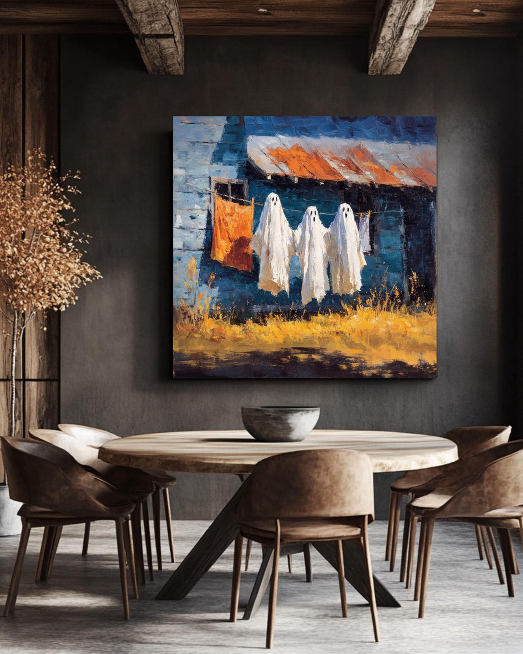 Spooky Ghost Clothesline Oil Painting Canvas, Halloween Wall Art