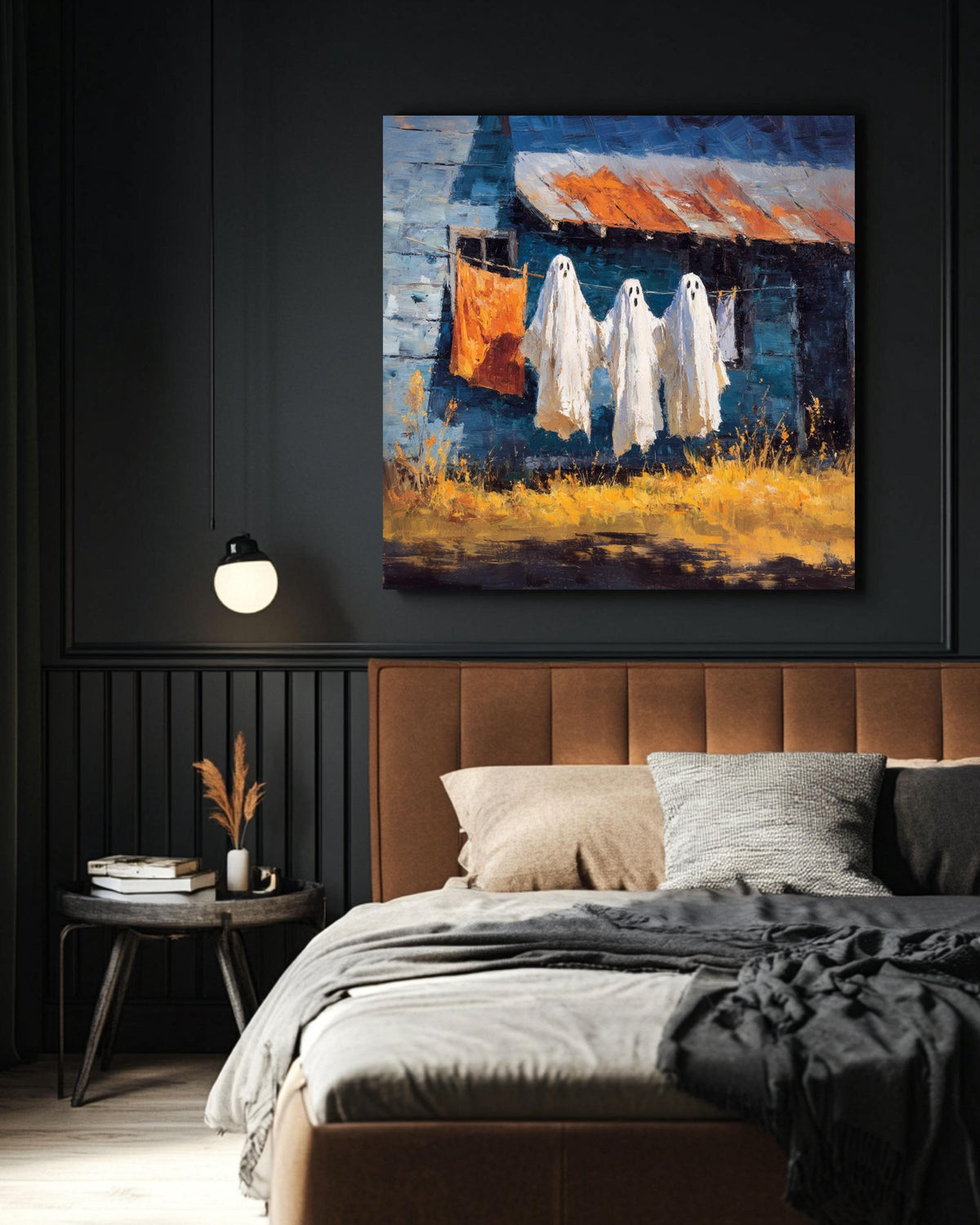 Spooky Ghost Clothesline Oil Painting Canvas, Halloween Wall Art