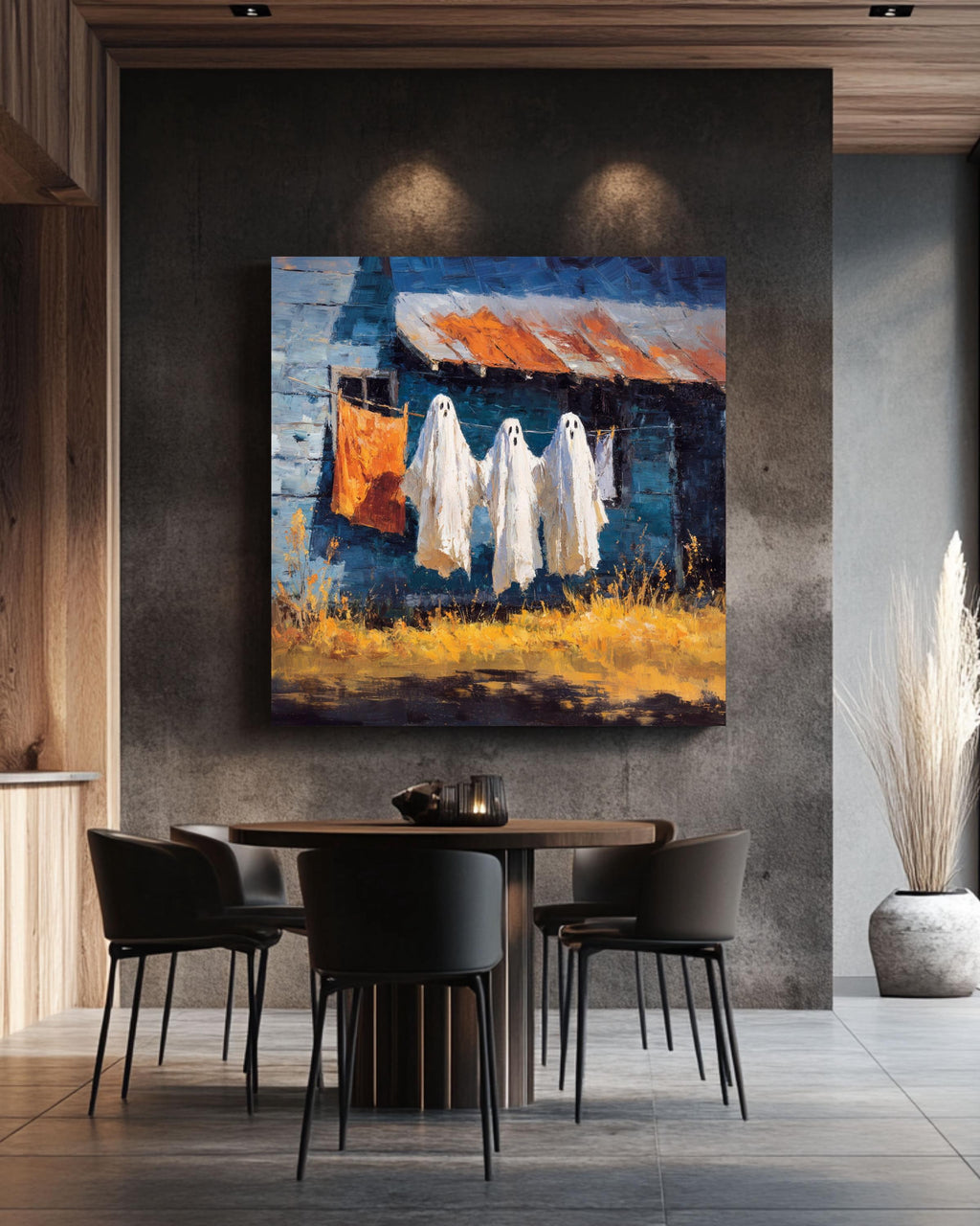 Spooky Ghost Clothesline Oil Painting Canvas, Halloween Wall Art