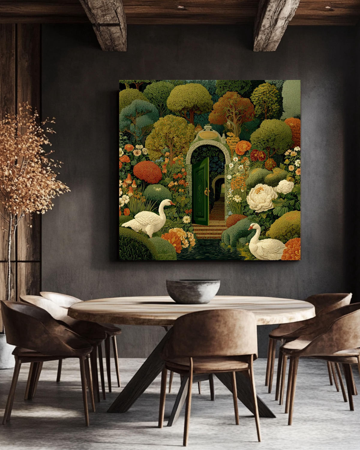 Whimsical Secret Garden Canvas Print, Medieval Tapestry Style, Swans