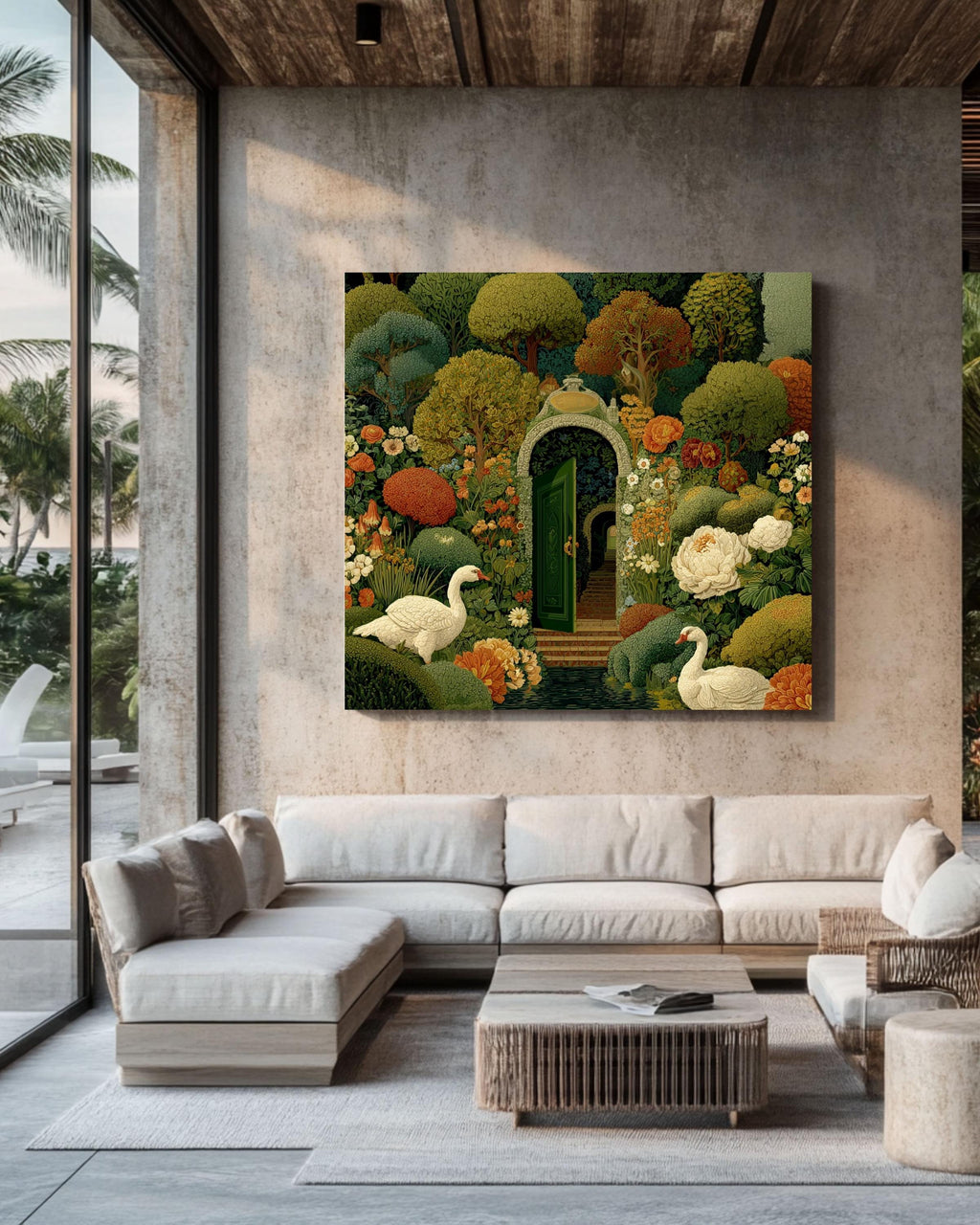 Whimsical Secret Garden Canvas Print, Medieval Tapestry Style, Swans