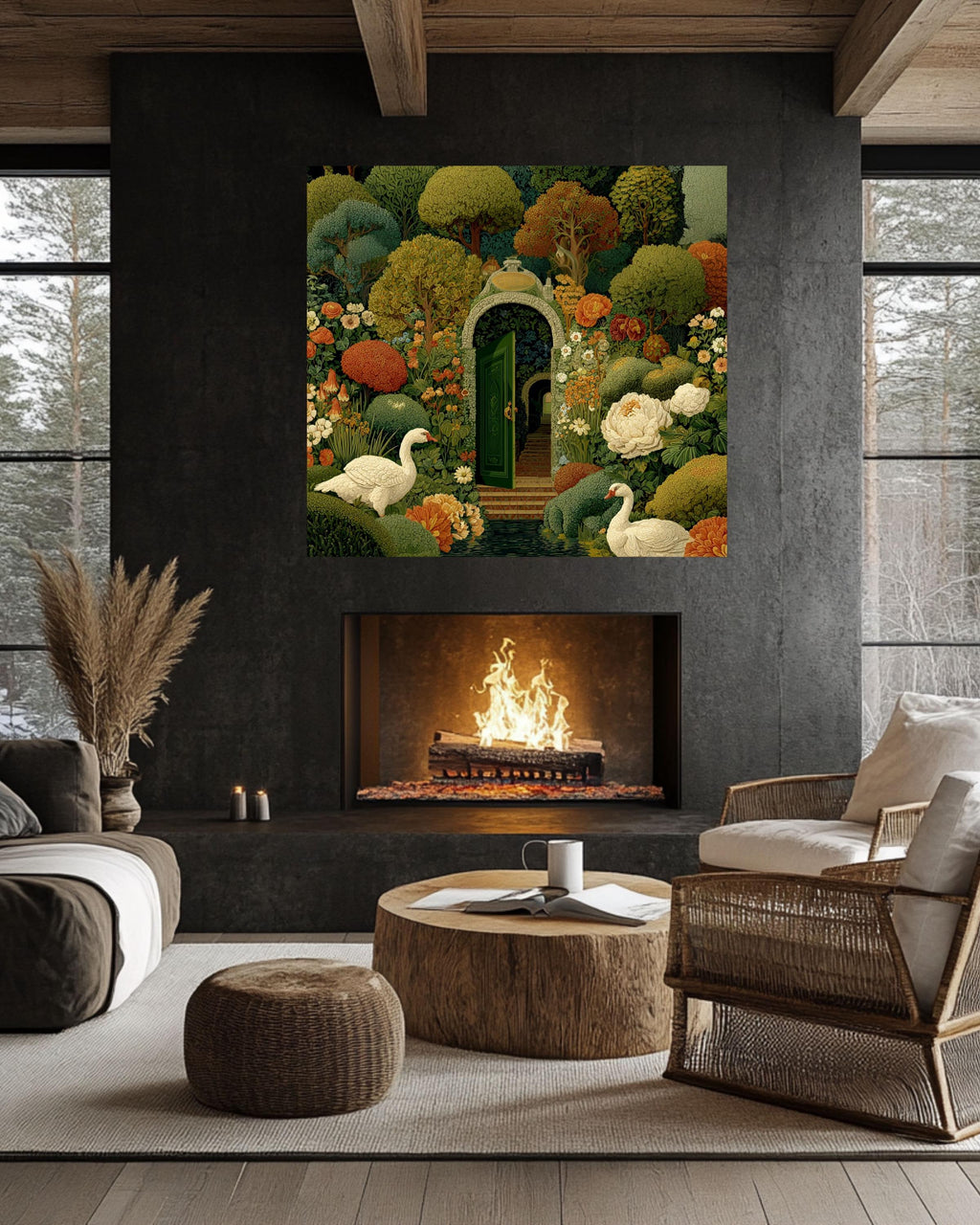 Whimsical Secret Garden Canvas Print, Medieval Tapestry Style, Swans