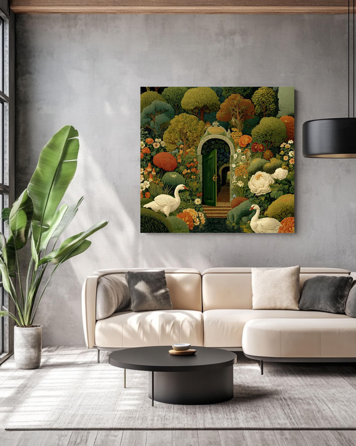 Whimsical Secret Garden Canvas Print, Medieval Tapestry Style, Swans