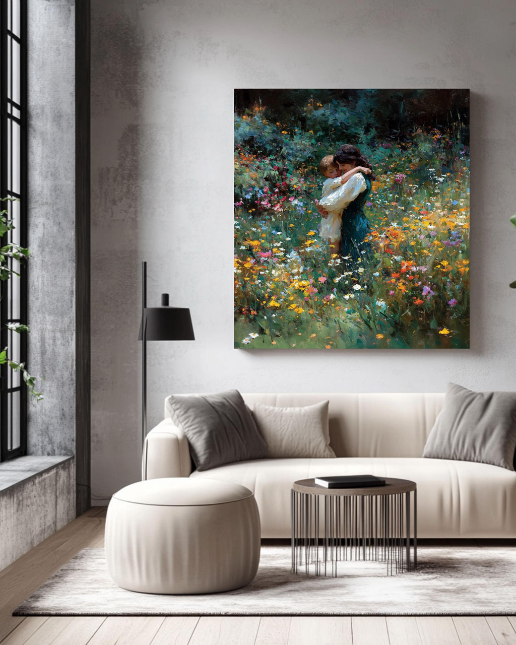 Impressionist Mother and Child Canvas Print, Wildflower Field Painting