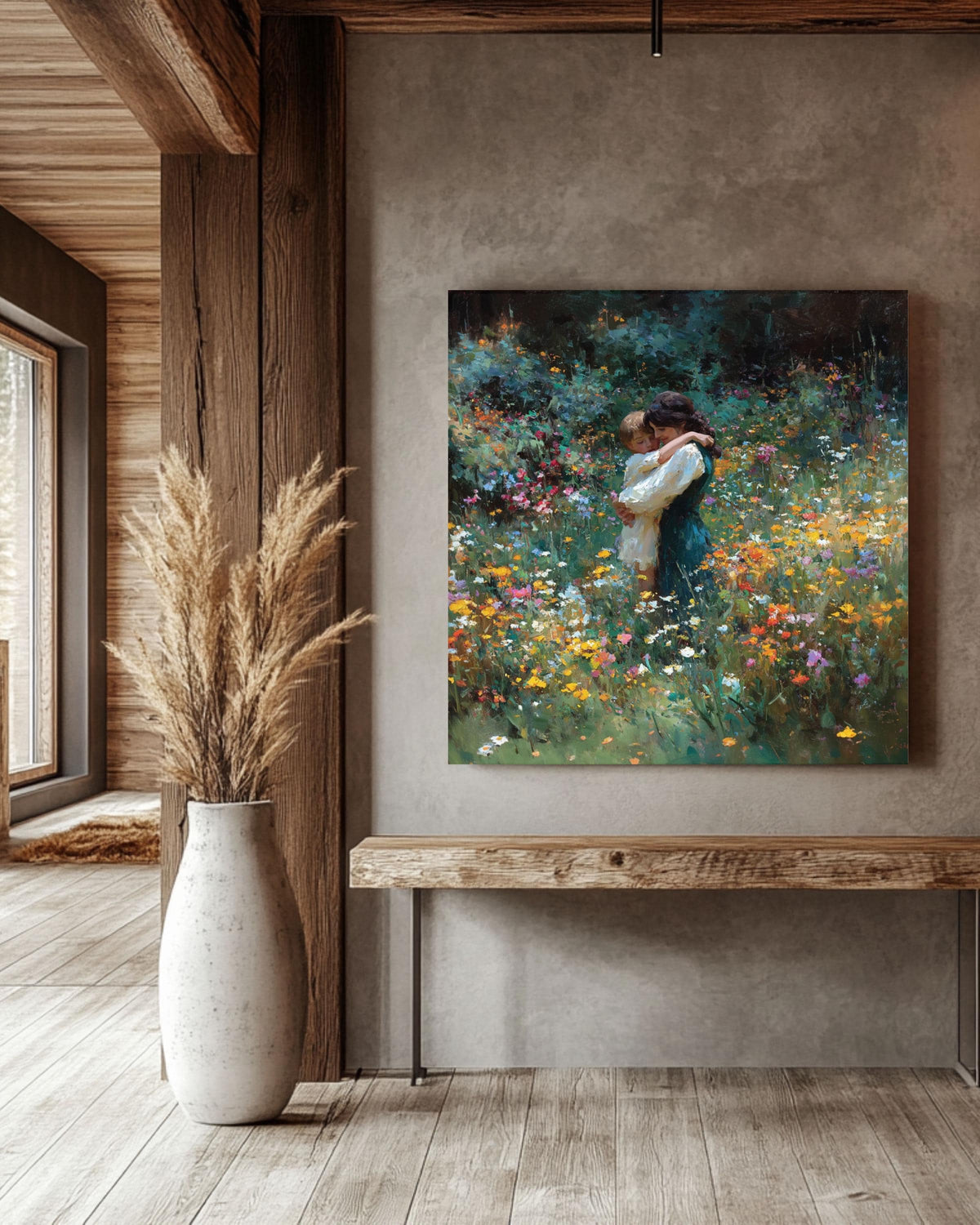 Impressionist Mother and Child Canvas Print, Wildflower Field Painting