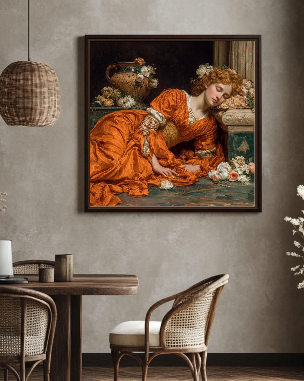 Neoclassical Sleeping Venus Print, Orange Dress Painting, Romantic Victorian Wall Art, Pre-Raphaelite Inspired Canvas Decor