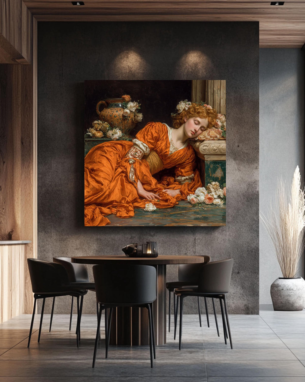 Neoclassical Sleeping Venus Print, Orange Dress Painting, Romantic Victorian Wall Art, Pre-Raphaelite Inspired Canvas Decor