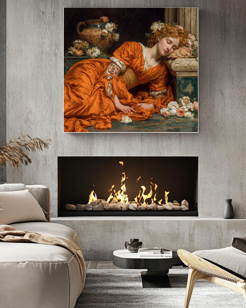 Neoclassical Sleeping Venus Print, Orange Dress Painting, Romantic Victorian Wall Art, Pre-Raphaelite Inspired Canvas Decor