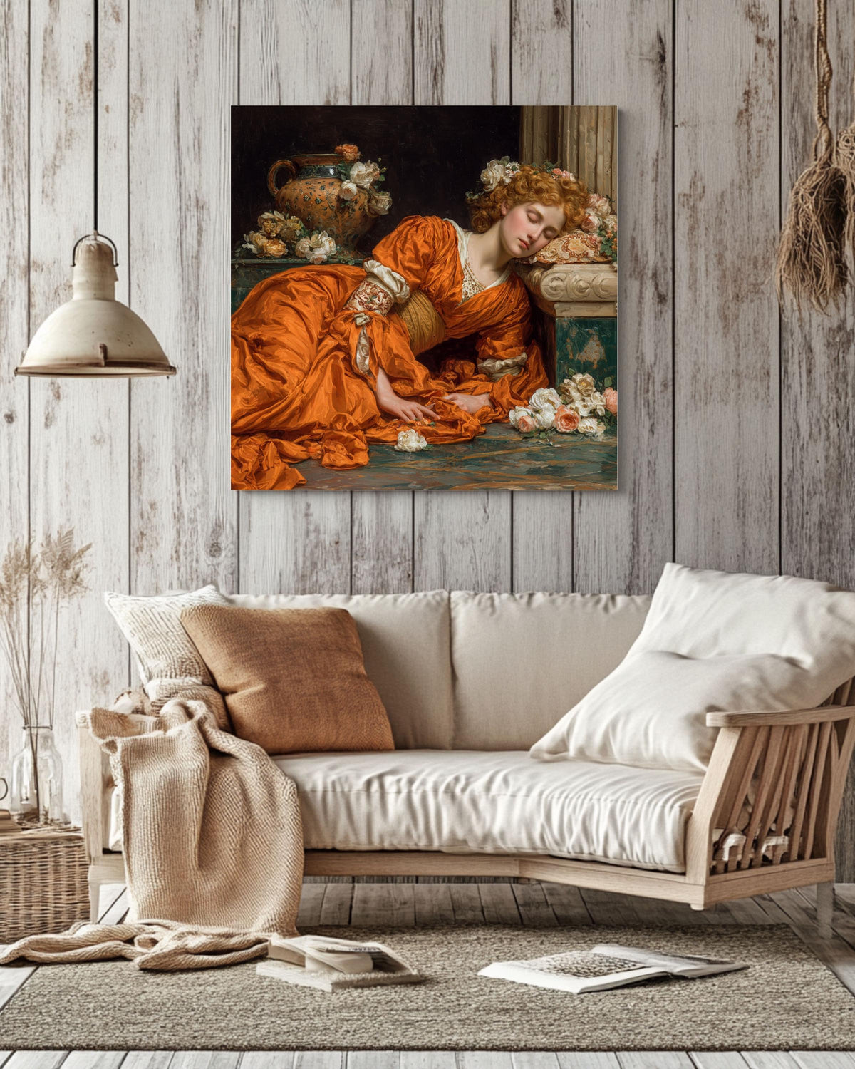 Neoclassical Sleeping Venus Print, Orange Dress Painting, Romantic Victorian Wall Art, Pre-Raphaelite Inspired Canvas Decor