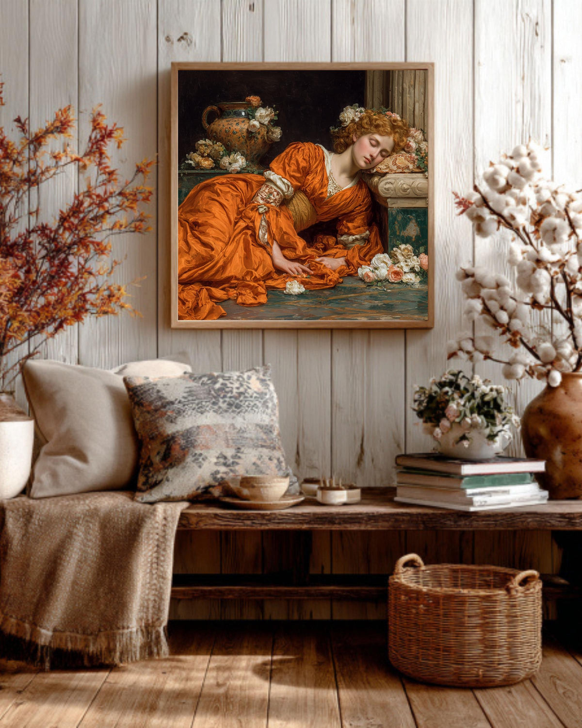 Neoclassical Sleeping Venus Print, Orange Dress Painting, Romantic Victorian Wall Art, Pre-Raphaelite Inspired Canvas Decor
