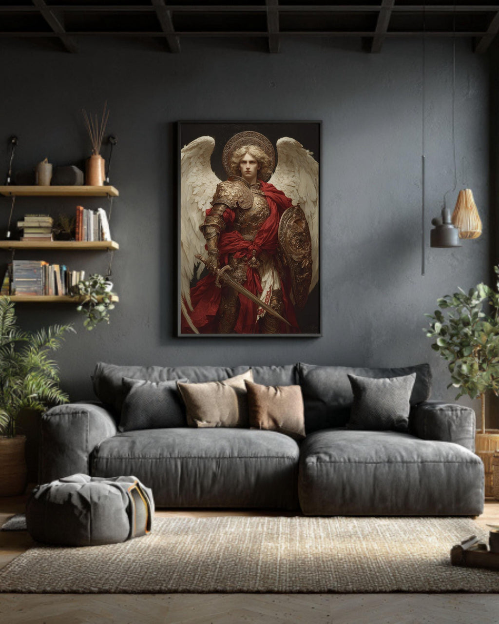 Archangel Michael Canvas Print, Renaissance Religious Art, Golden Armor and Red Cape Painting, Dark Academia Decor