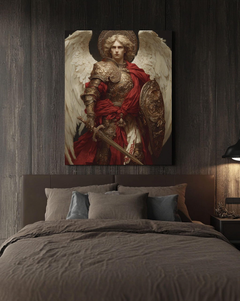 Archangel Michael Canvas Print, Renaissance Religious Art, Golden Armor and Red Cape Painting, Dark Academia Decor