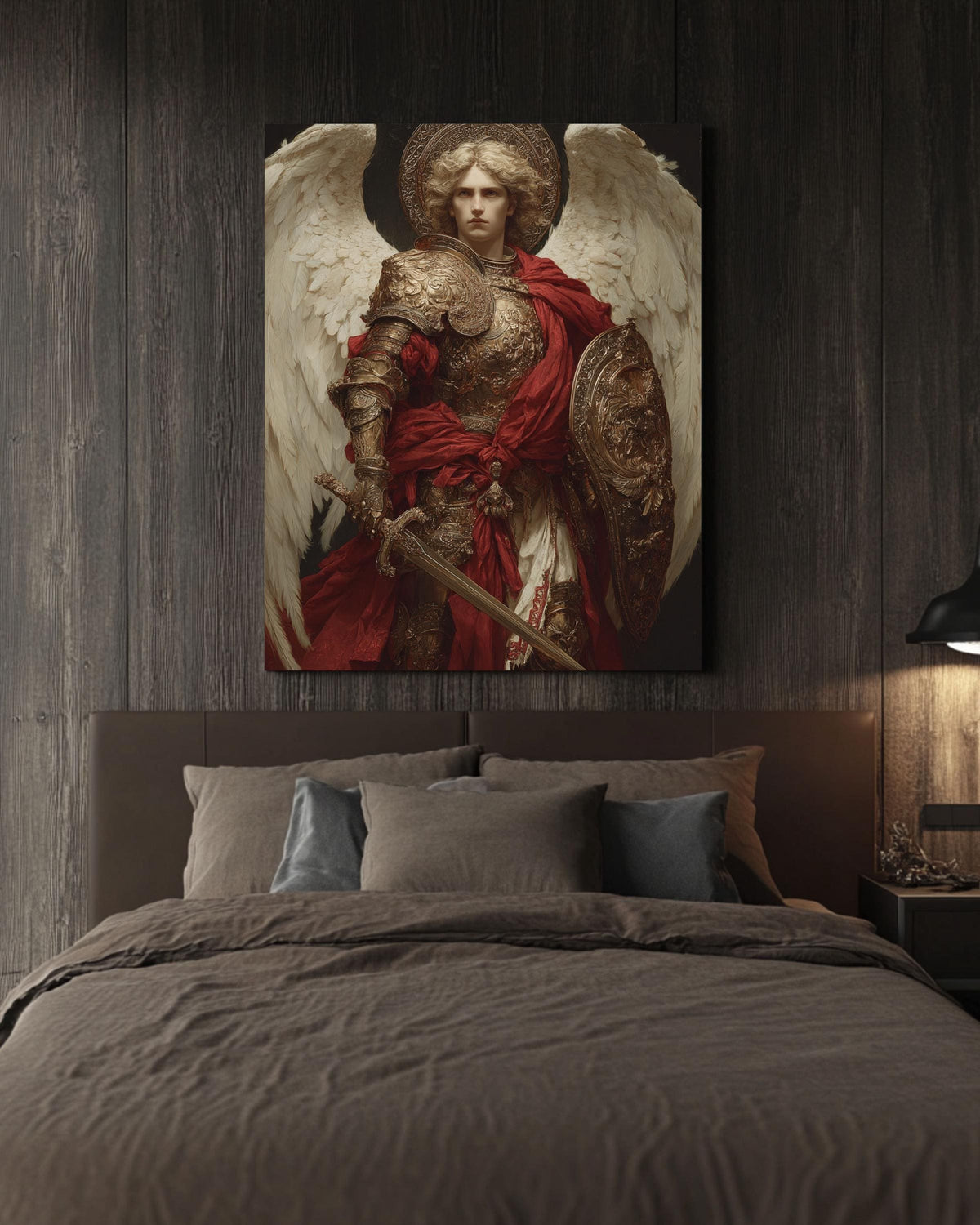 Archangel Michael Canvas Print, Renaissance Religious Art, Golden Armor and Red Cape Painting, Dark Academia Decor