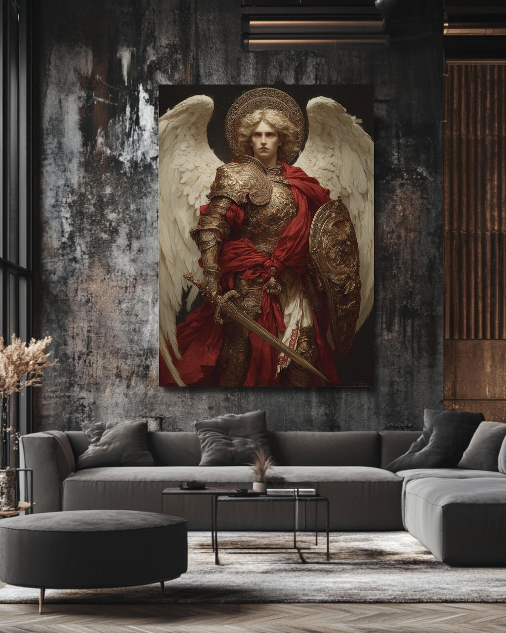 Archangel Michael Canvas Print, Renaissance Religious Art, Golden Armor and Red Cape Painting, Dark Academia Decor