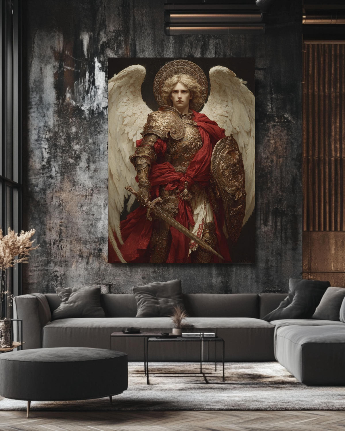 Archangel Michael Canvas Print, Renaissance Religious Art, Golden Armor and Red Cape Painting, Dark Academia Decor