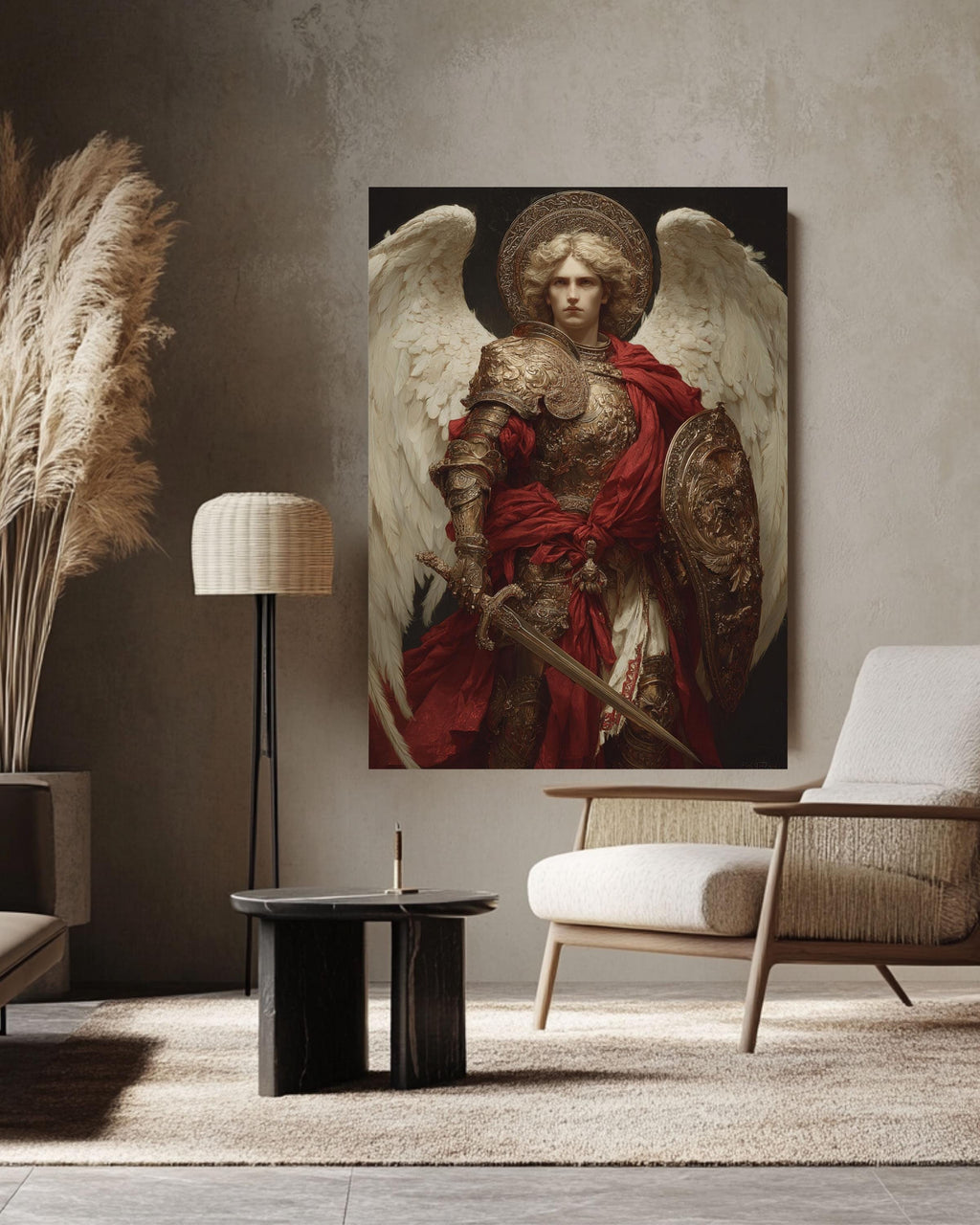 Archangel Michael Canvas Print, Renaissance Religious Art, Golden Armor and Red Cape Painting, Dark Academia Decor
