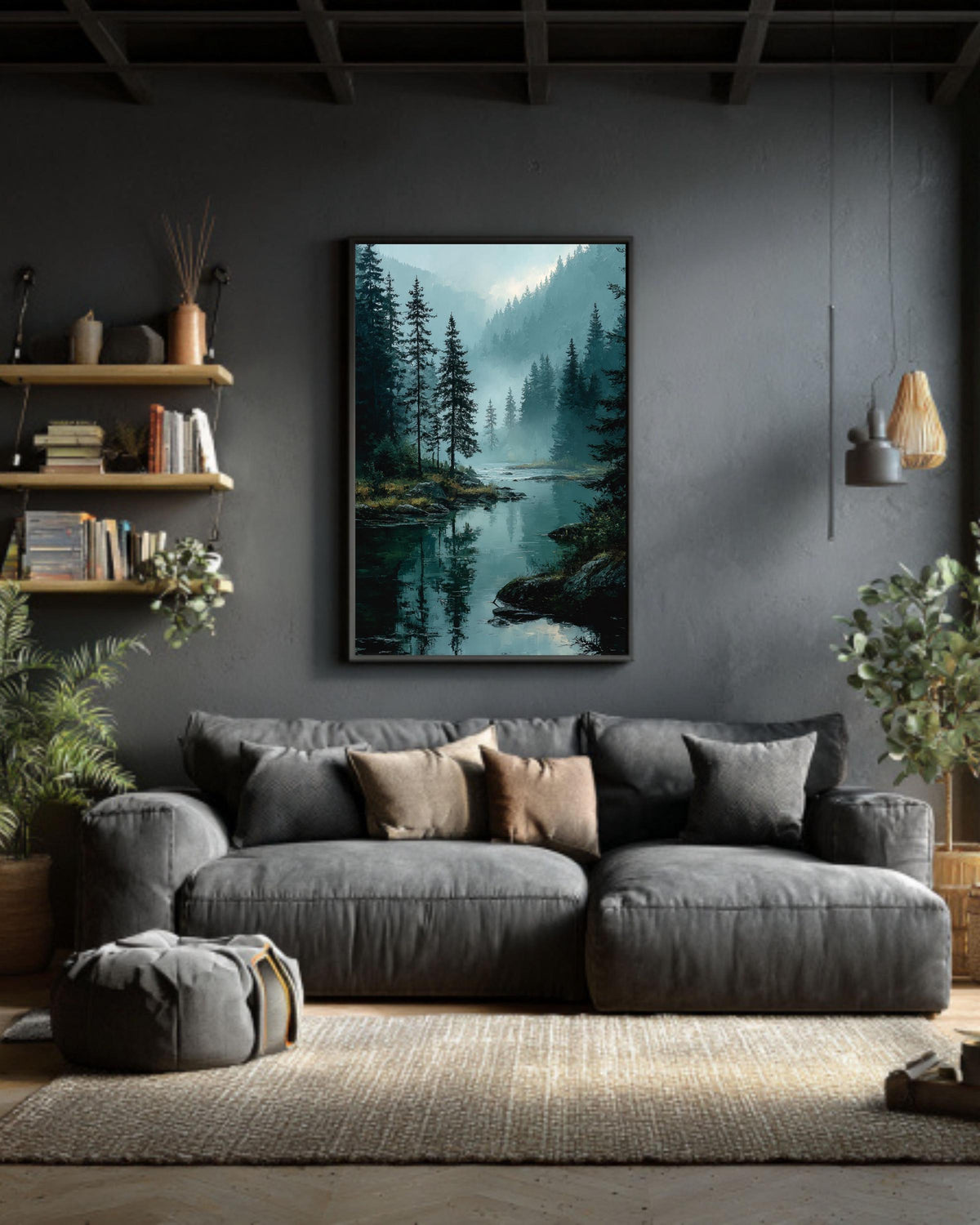 Misty Pine Forest Lake Canvas Print, Rustic Cabin Wall Art