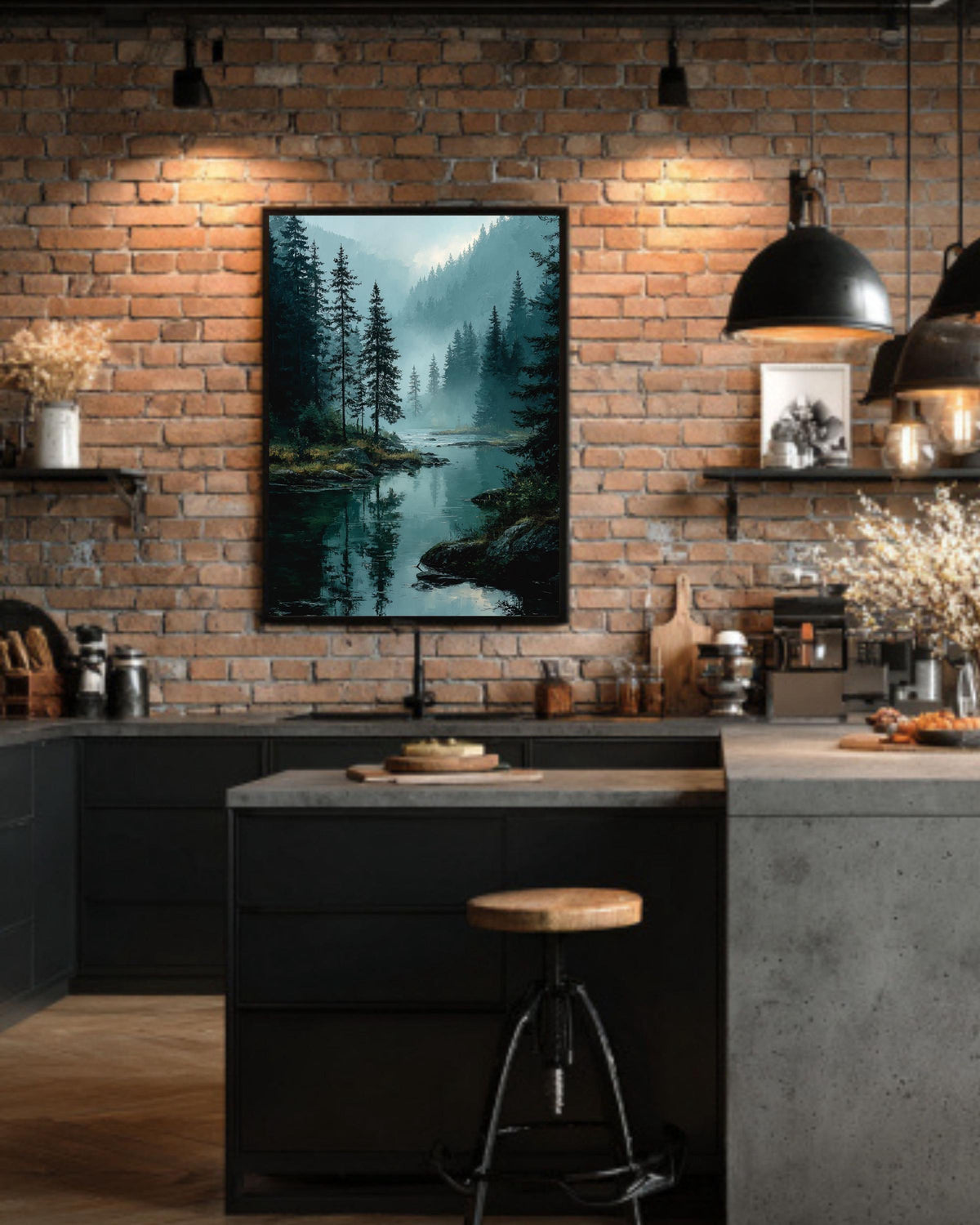 Misty Pine Forest Lake Canvas Print, Rustic Cabin Wall Art