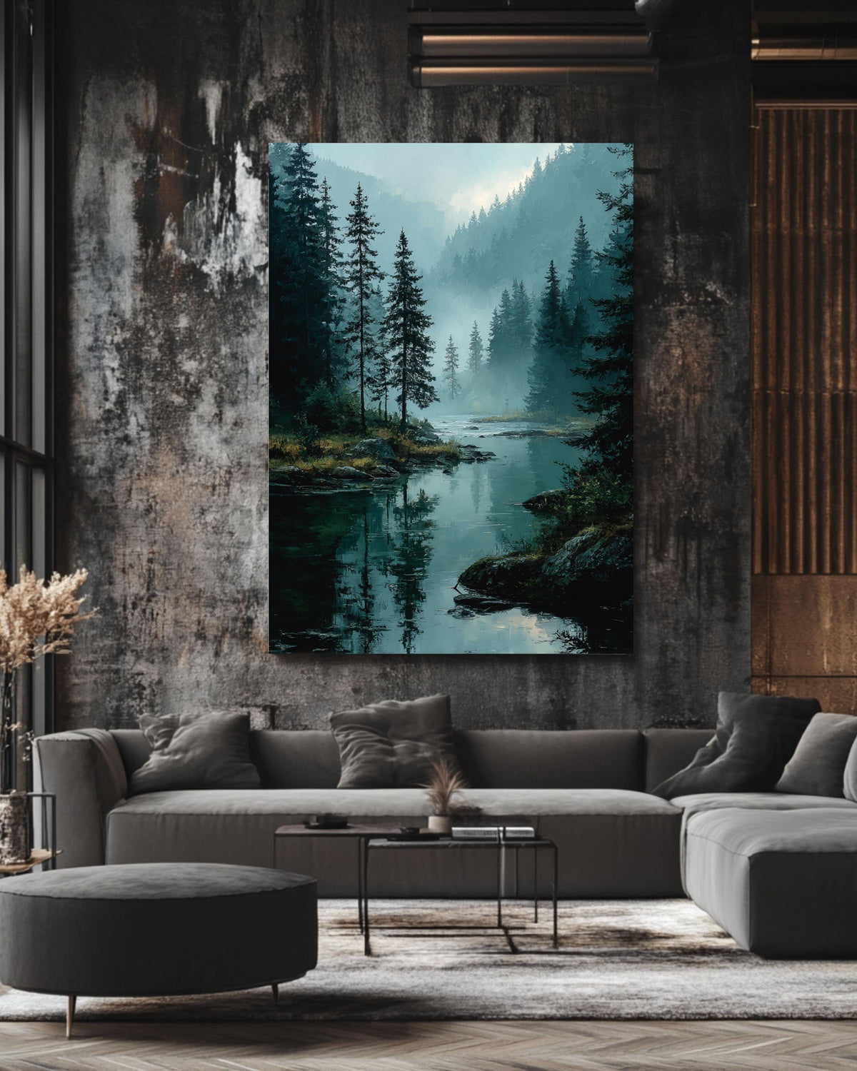 Misty Pine Forest Lake Canvas Print, Rustic Cabin Wall Art