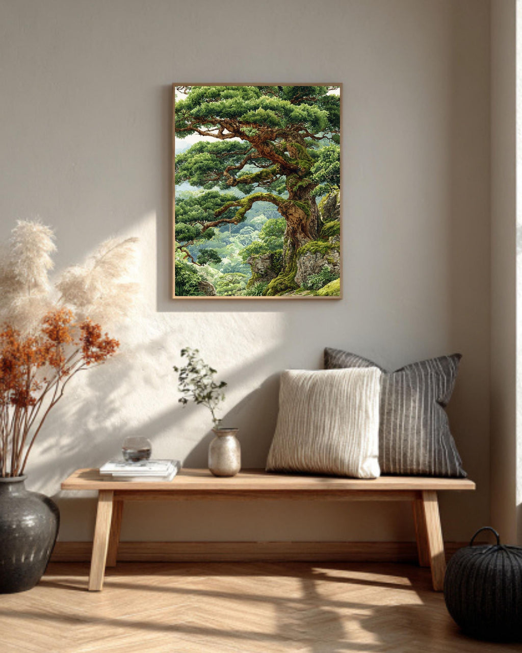 Ancient Tree Watercolor Print, Mossy Japanese Bonsai Canvas Art