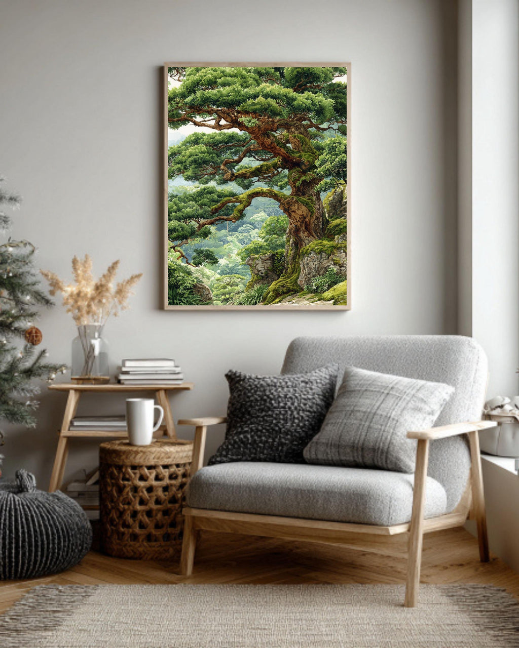 Ancient Tree Watercolor Print, Mossy Japanese Bonsai Canvas Art
