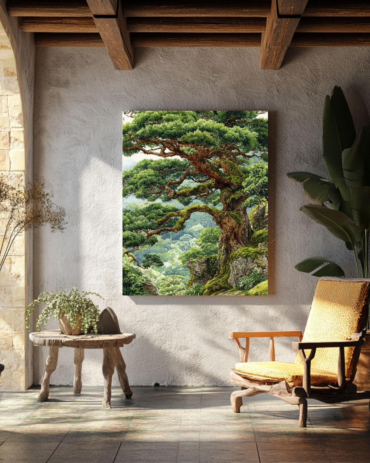 Ancient Tree Watercolor Print, Mossy Japanese Bonsai Canvas Art