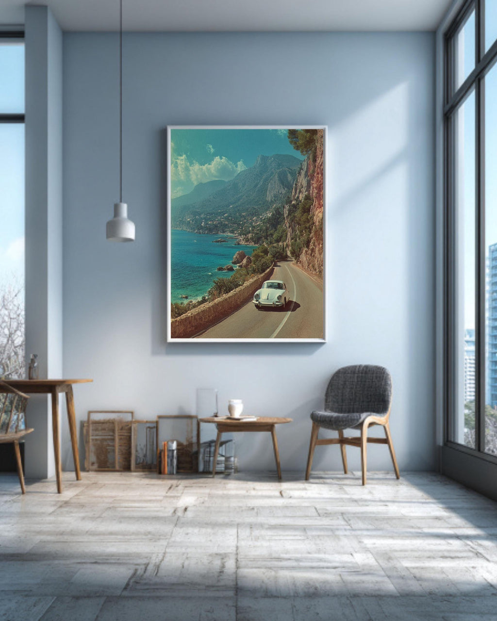 Vintage Porsche Coastal Road Canvas Print: Mid-Century Modern Car Wall Art