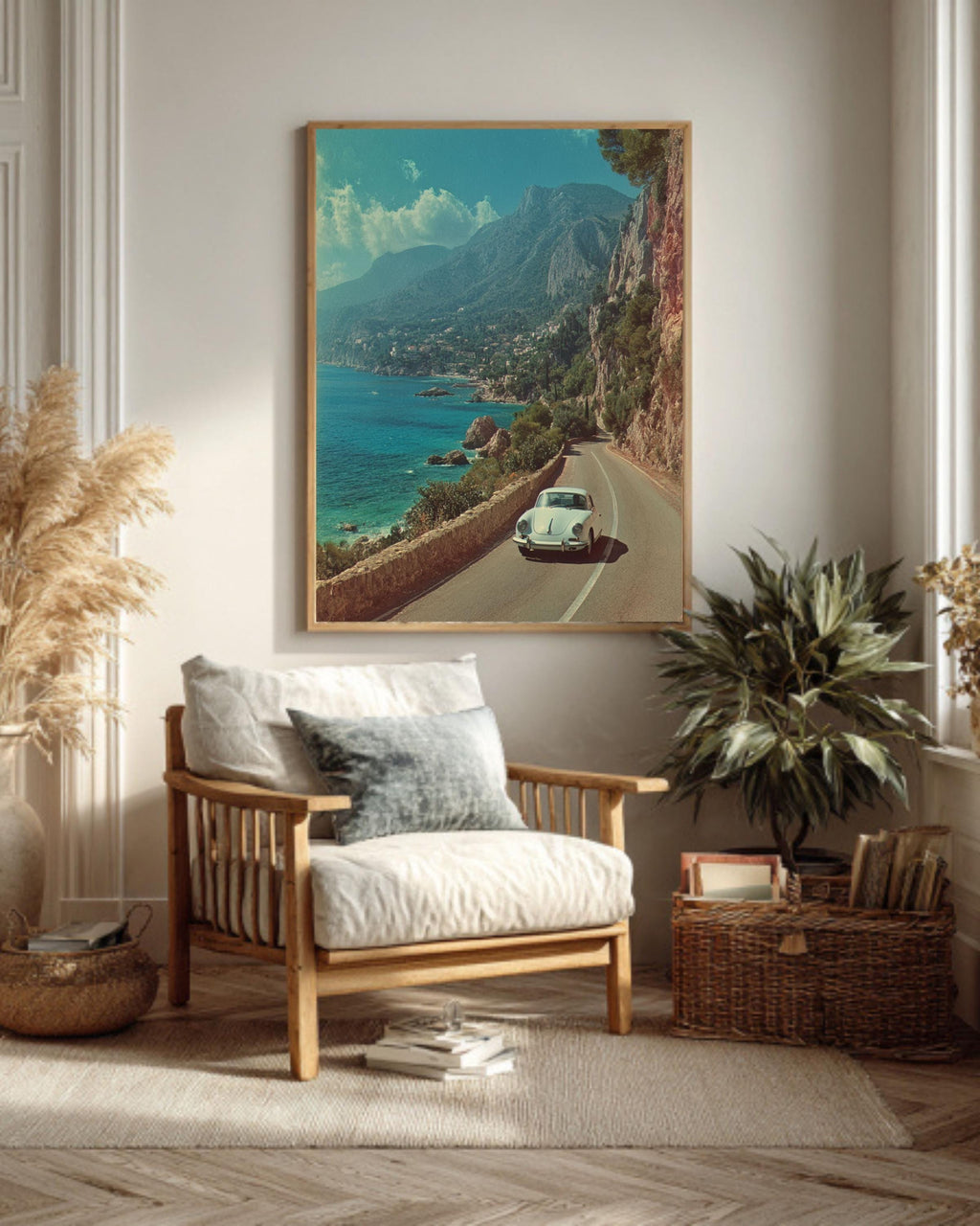 Vintage Porsche Coastal Road Canvas Print: Mid-Century Modern Car Wall Art