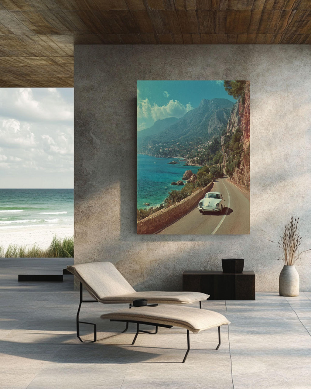 Vintage Porsche Coastal Road Canvas Print: Mid-Century Modern Car Wall Art