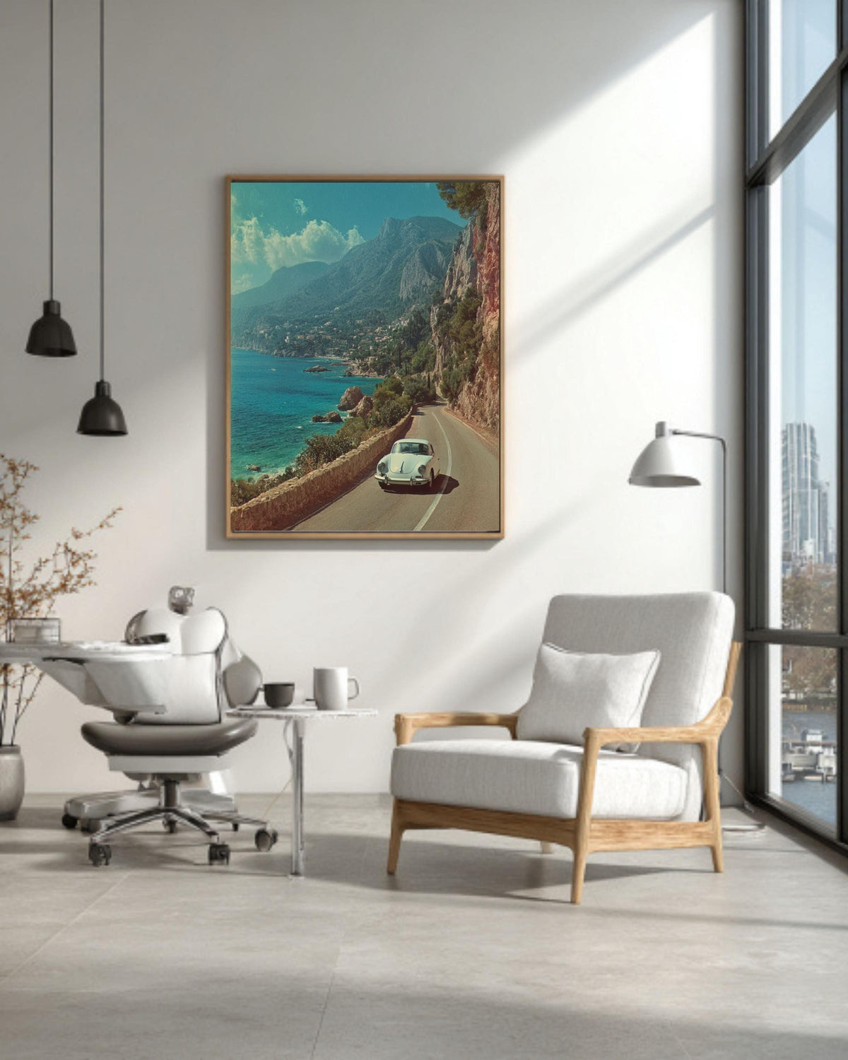Vintage Porsche Coastal Road Canvas Print: Mid-Century Modern Car Wall Art